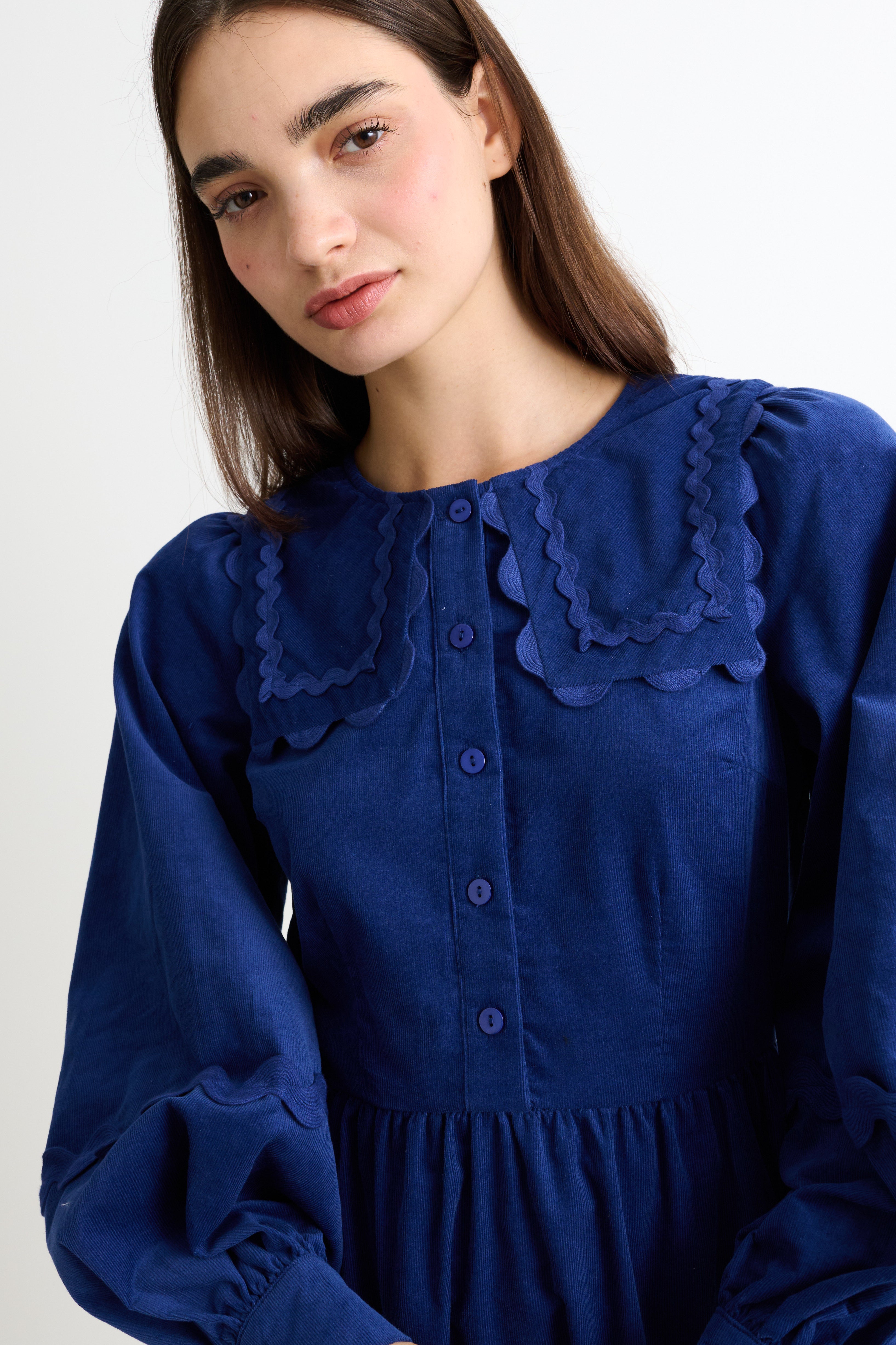 Prudence Babycord Big Collar Ric Rac Trim Midi Dress - Navy - Detail 1