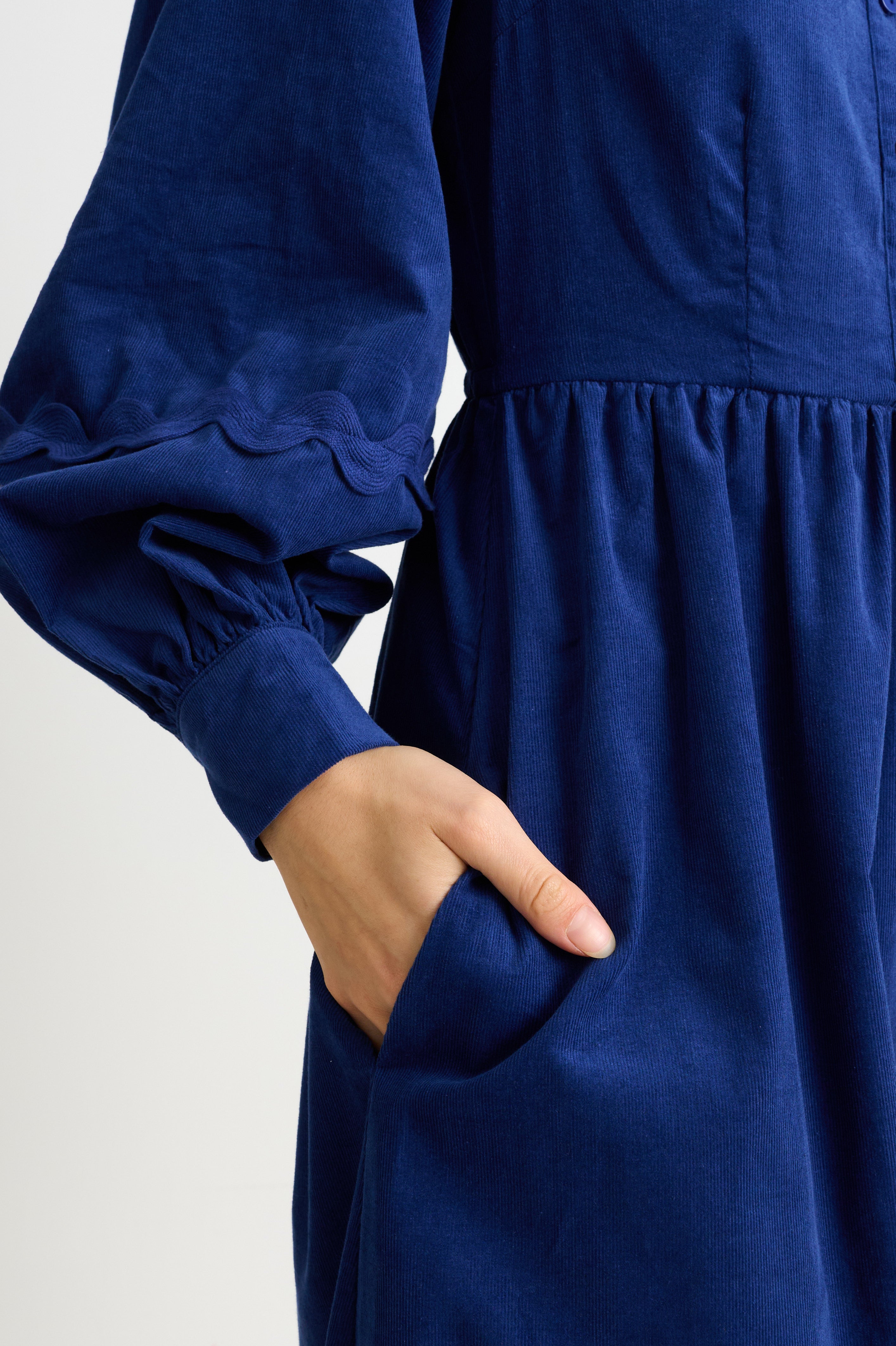 Prudence Babycord Big Collar Ric Rac Trim Midi Dress - Navy - Detail 2