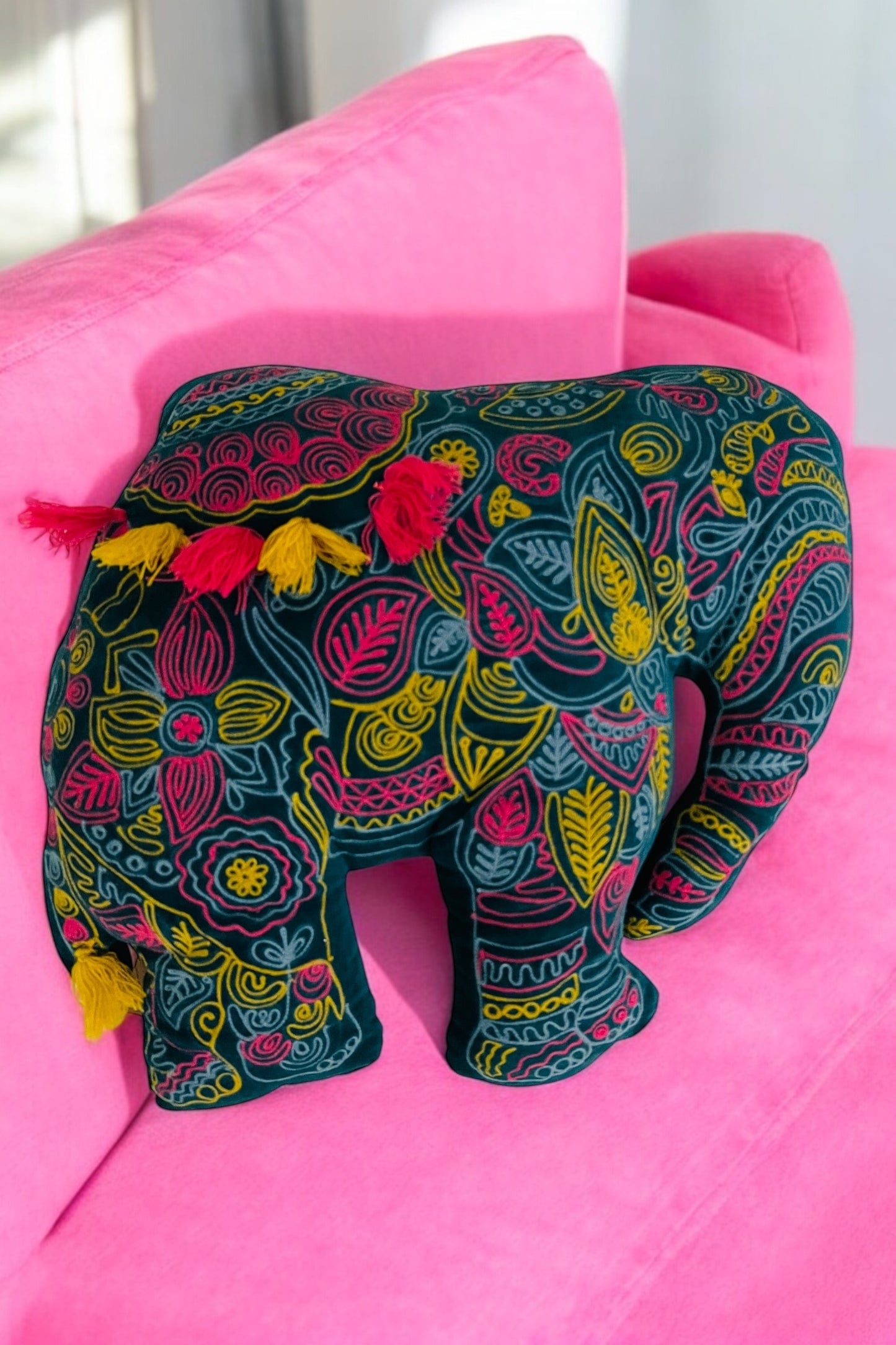 Velvet Embroidered Elephant Cushion