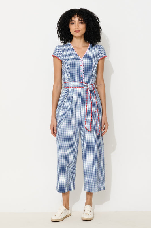 Marleen Gingham Ric Rac Trim Cropped Jumpsuit - Blue