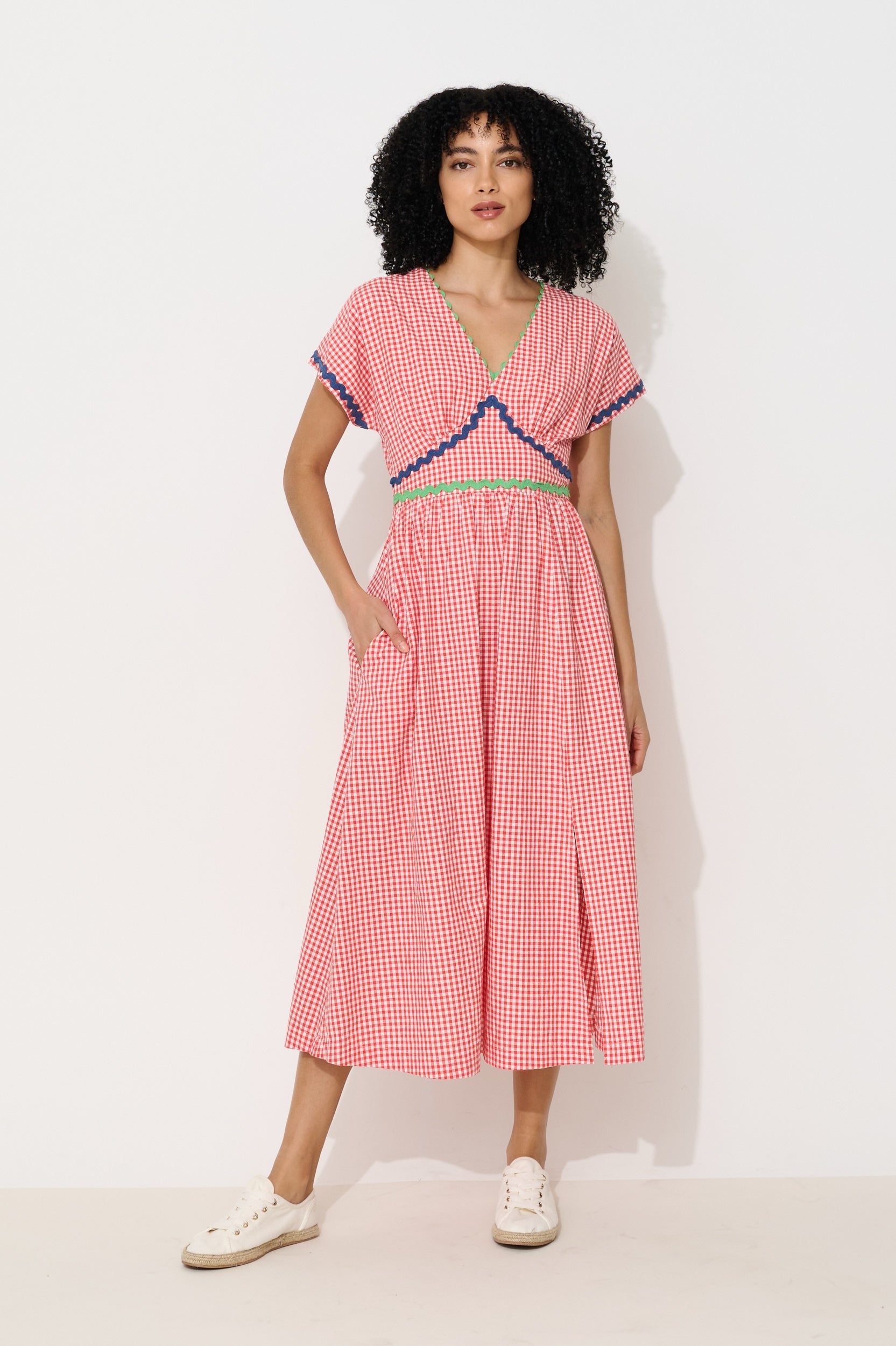 Unity Gingham Ric Rac Trim V-Neck Midi Dress - Red