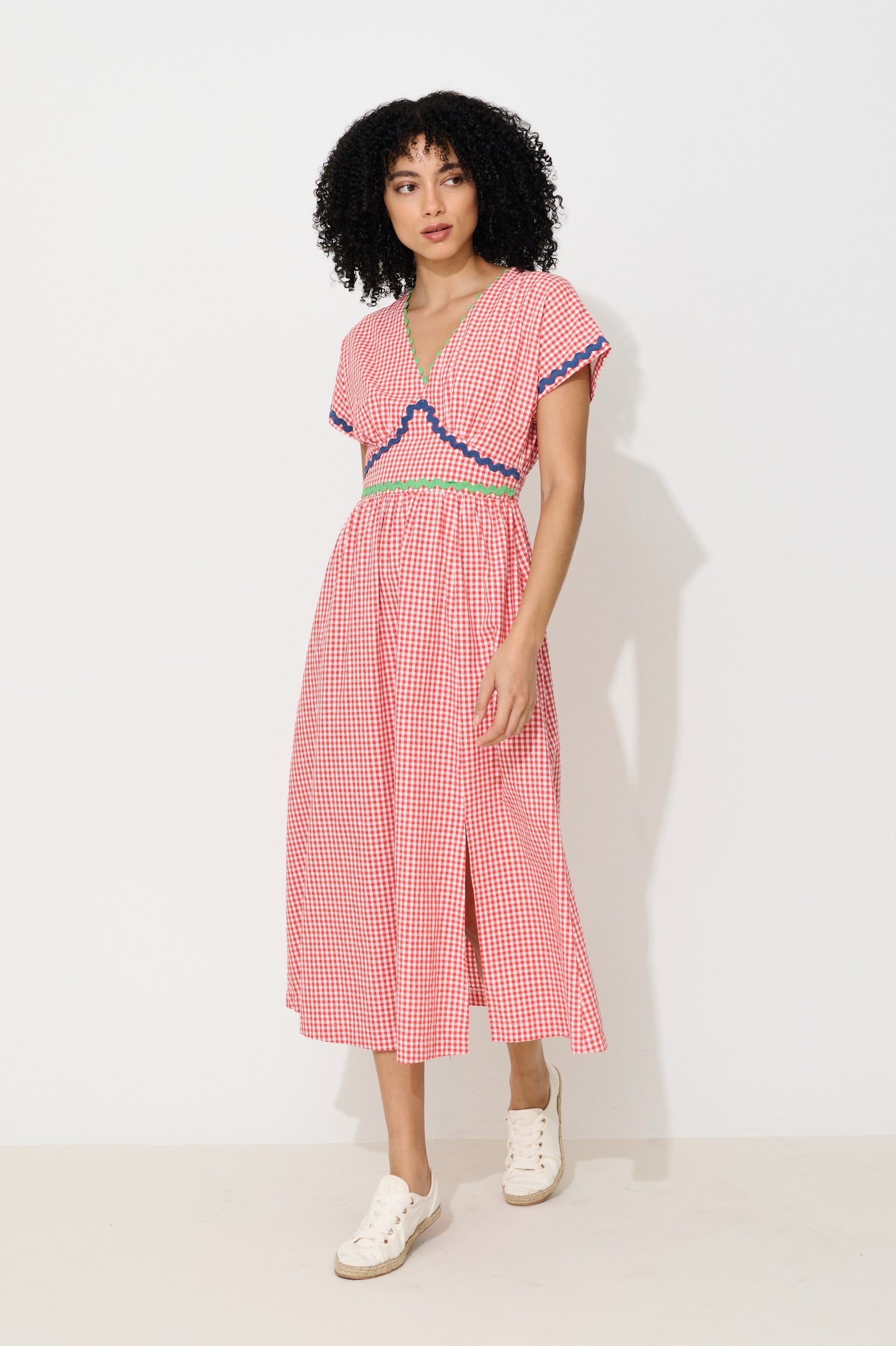 Unity Gingham Ric Rac Trim V-Neck Midi Dress - Red