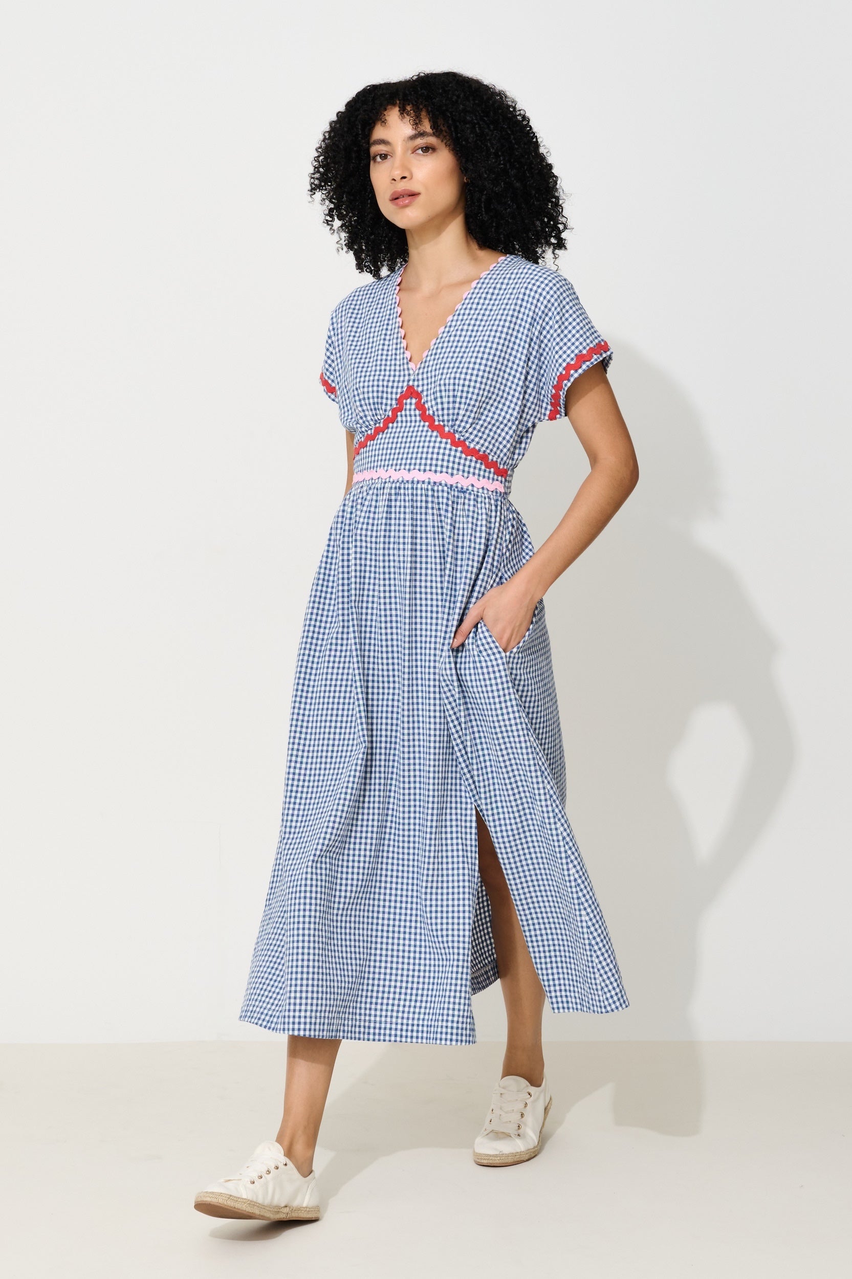 Unity Gingham Ric Rac Trim V-Neck Midi Dress - Blue