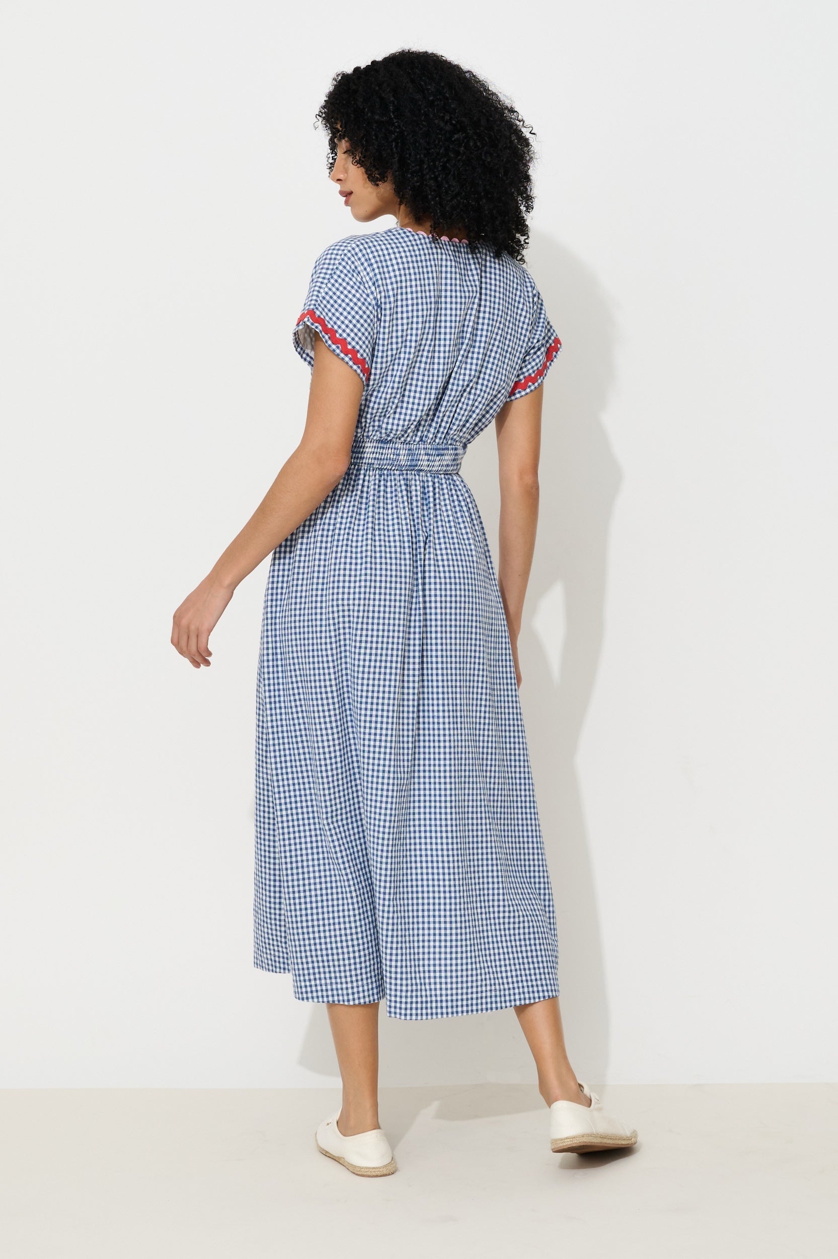 Unity Gingham Ric Rac Trim V-Neck Midi Dress - Blue