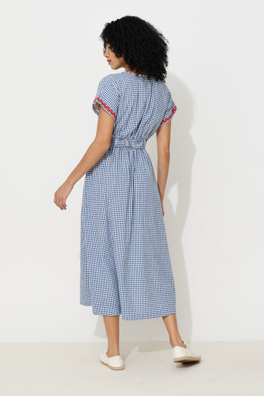 Unity Gingham Ric Rac Trim V-Neck Midi Dress - Blue