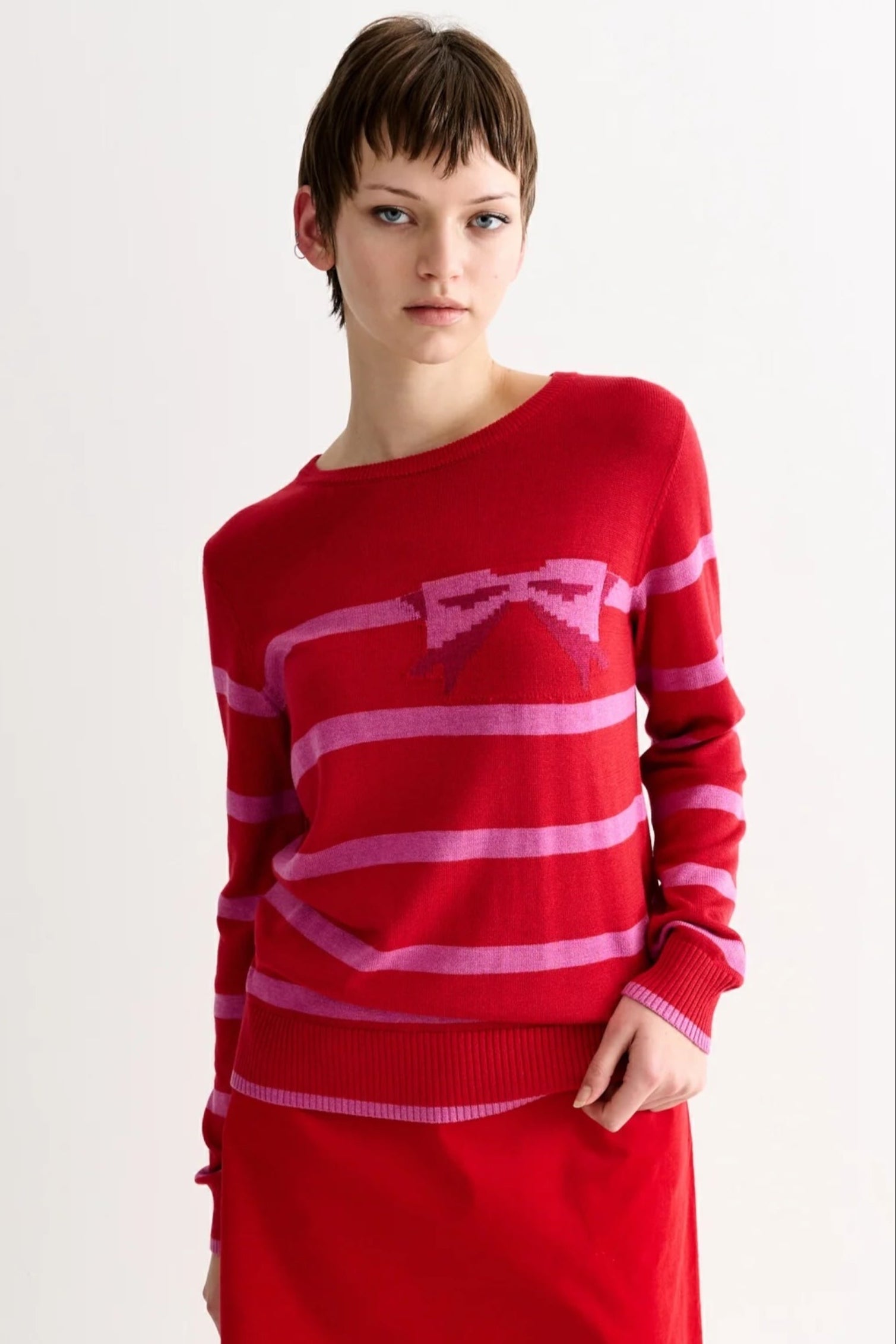 Bly Bow Intarsia Striped Jumper – Red