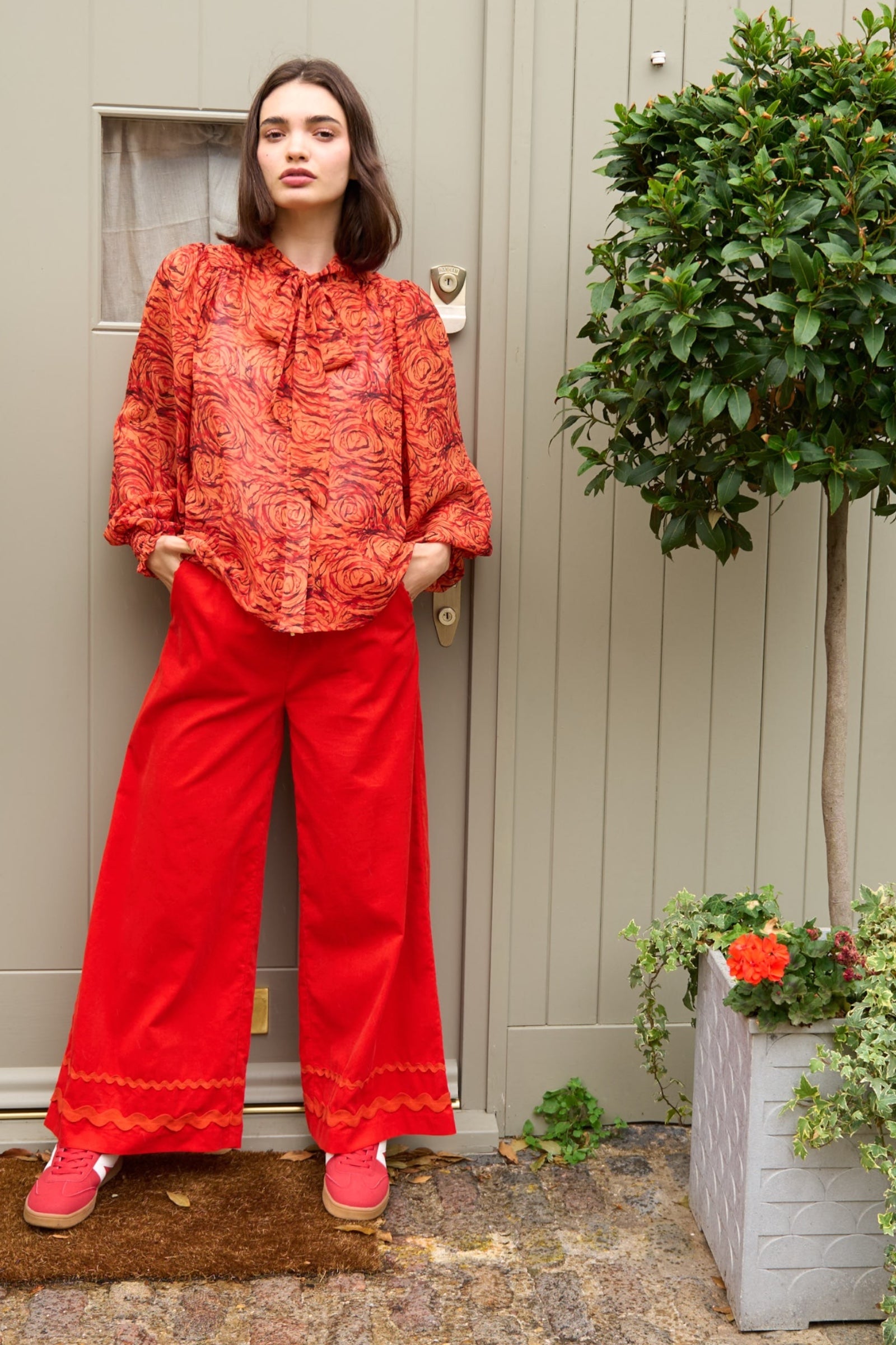 River Babycord Ric Rac Trim Wide Leg Trouser - Red