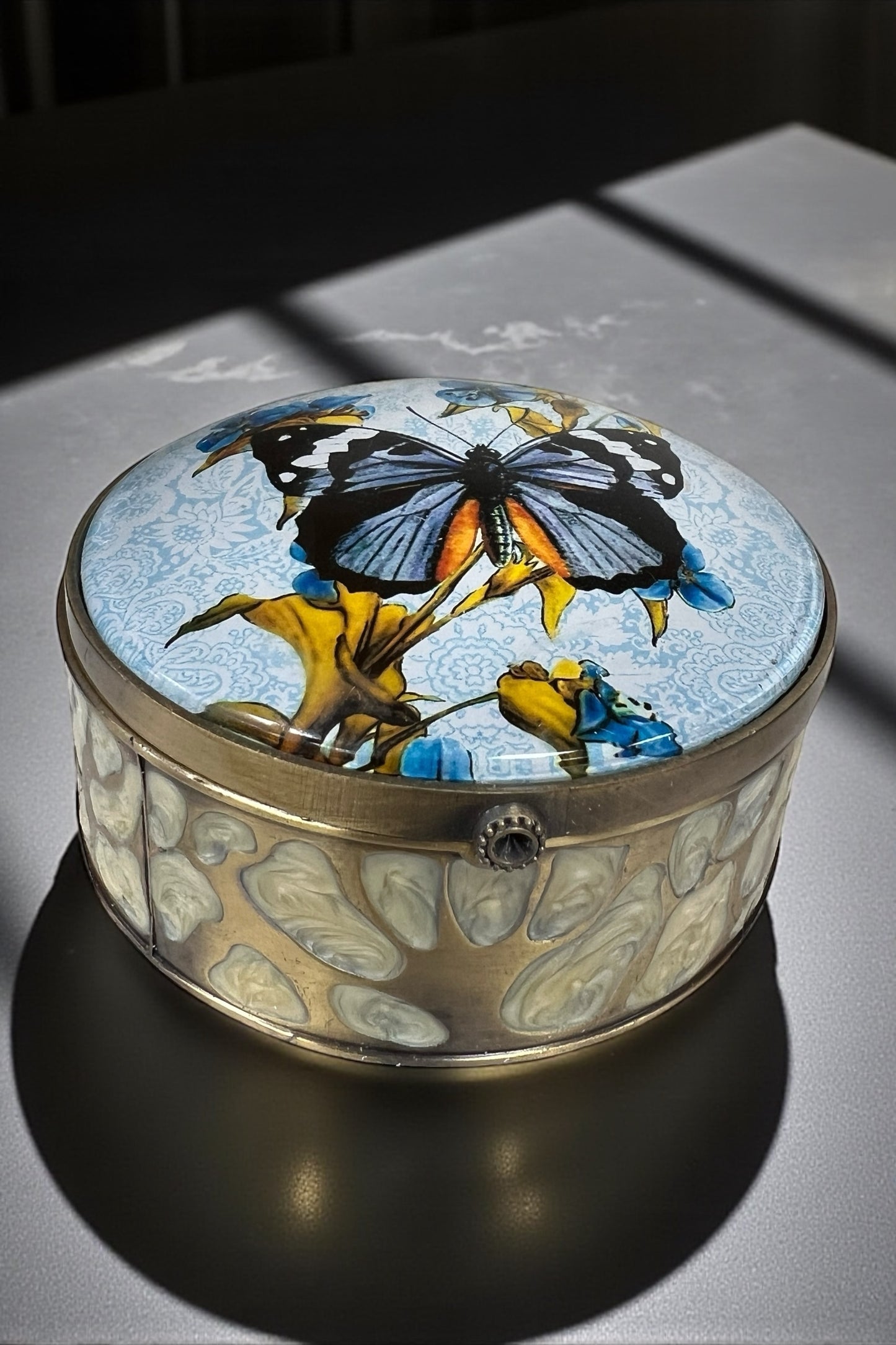 Heavy Round Enamel Butterfly Jewellery Box