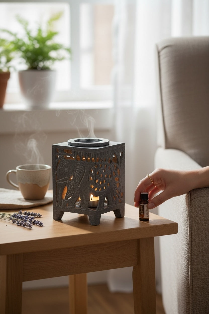 Soapstone Hand Carved Elephant Oil Burner - Grey