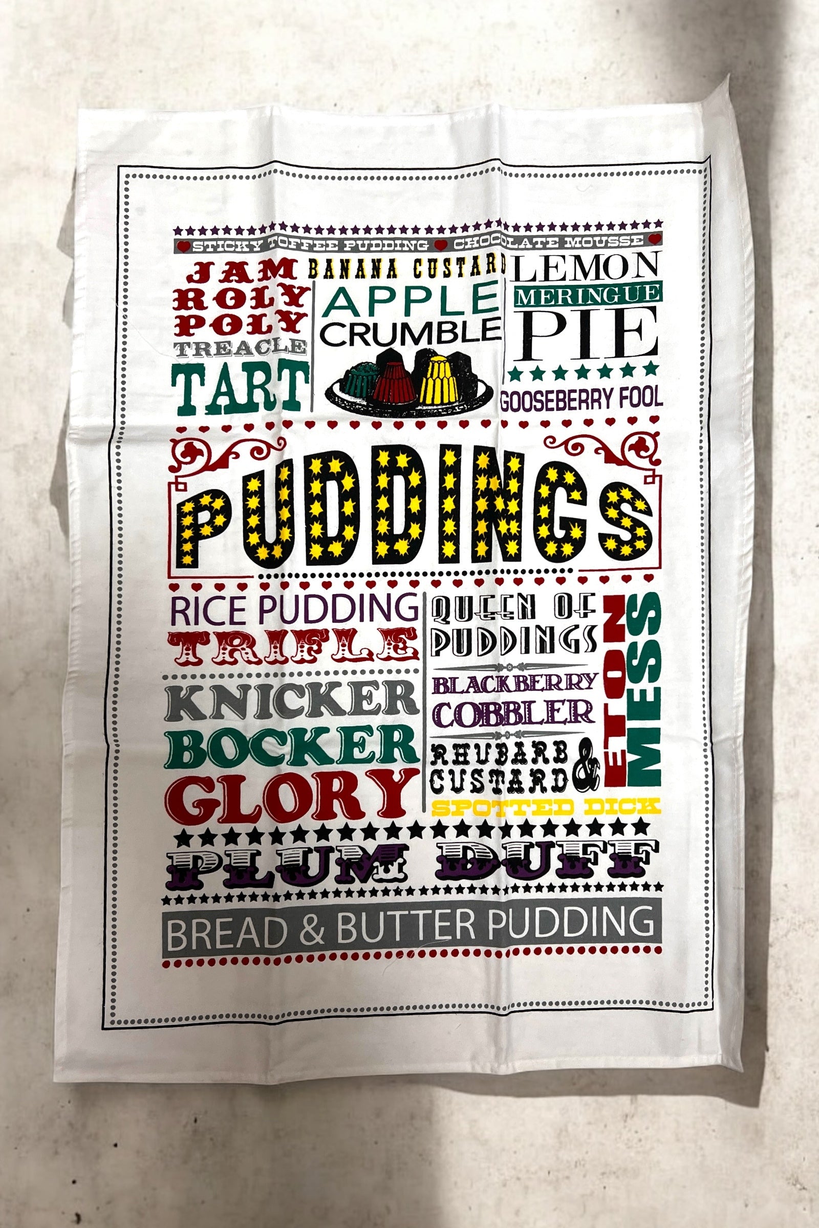 Vintage Puddings Printed Tea Towel - Styled