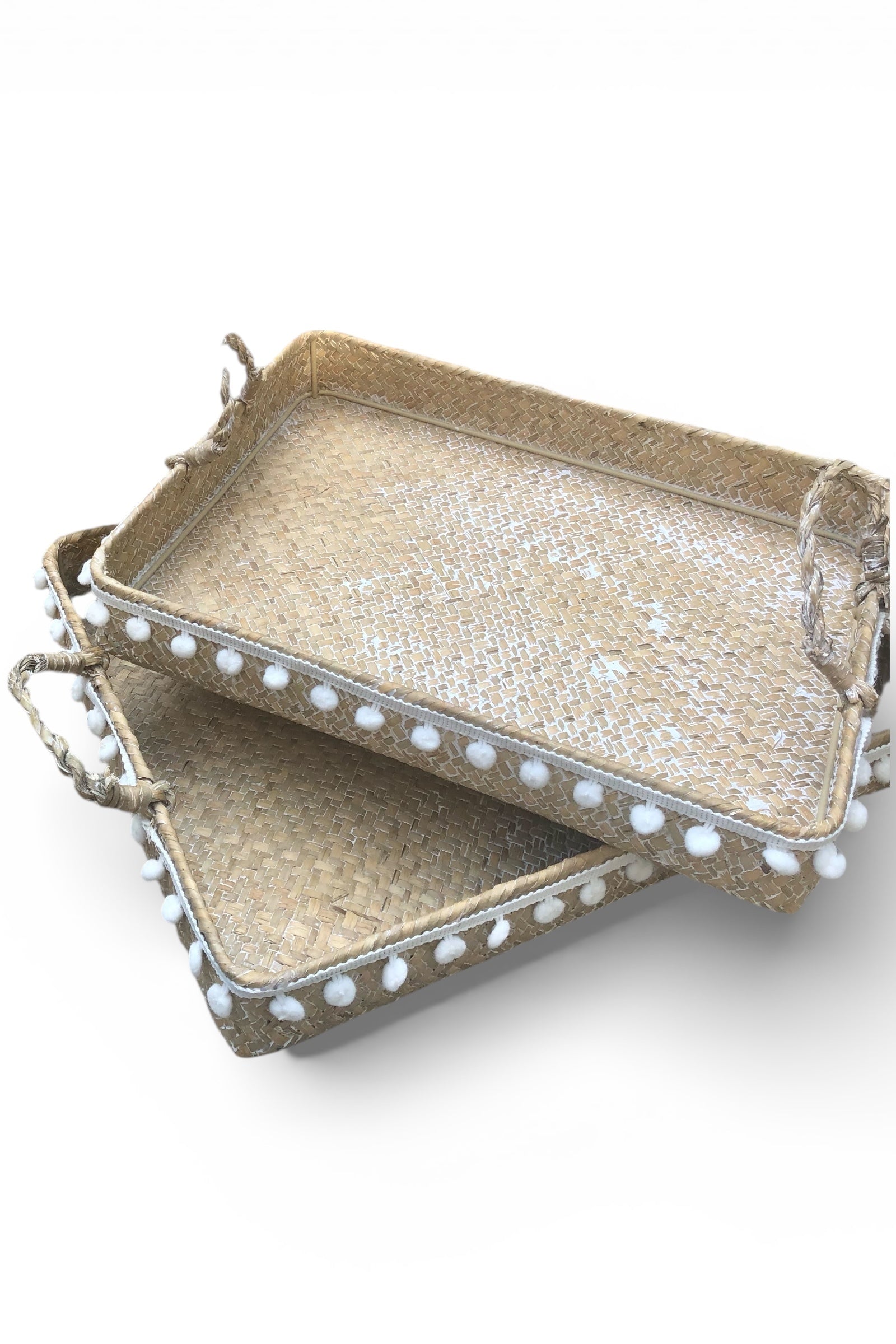 Set Of 2 Rattan Trays With Pom Pom Trim