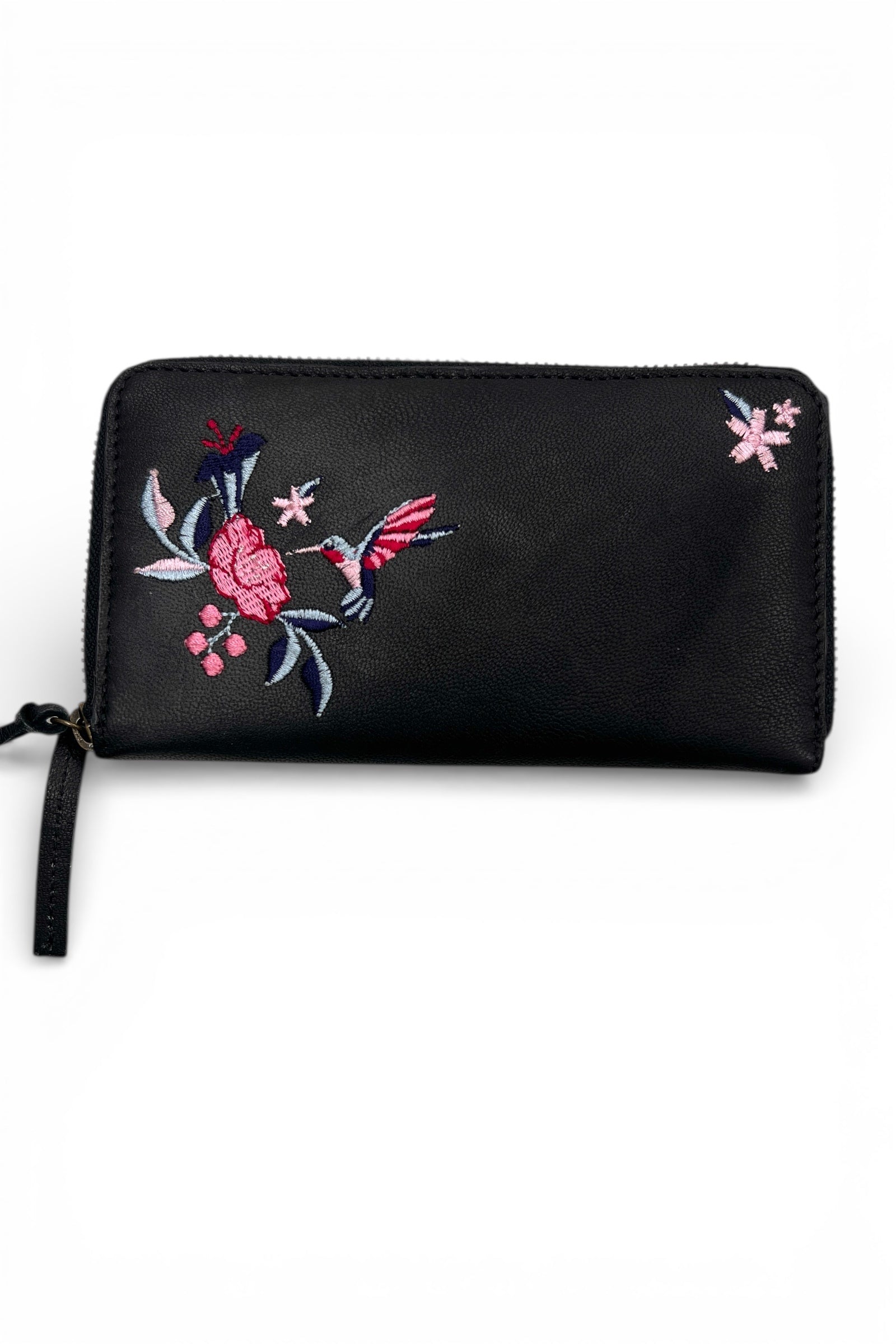 Hummingbird Embroidered Black Leather Zip Wallet