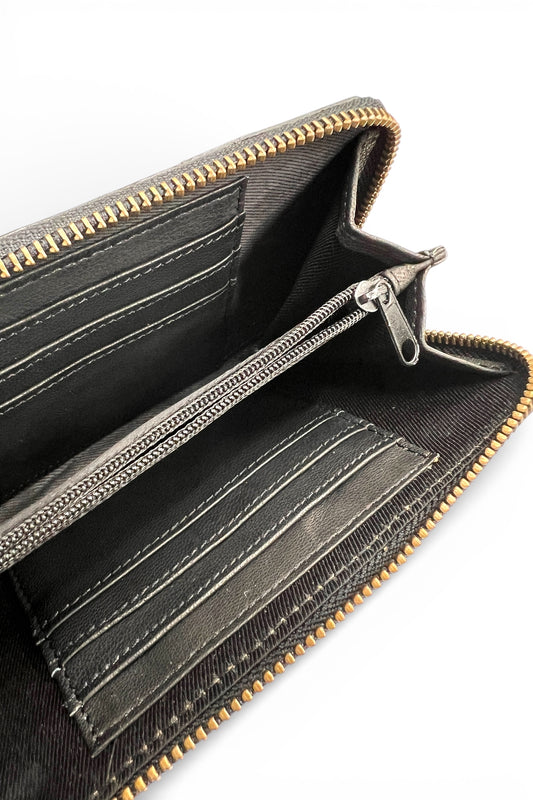 Hummingbird Embroidered Black Leather Zip Wallet