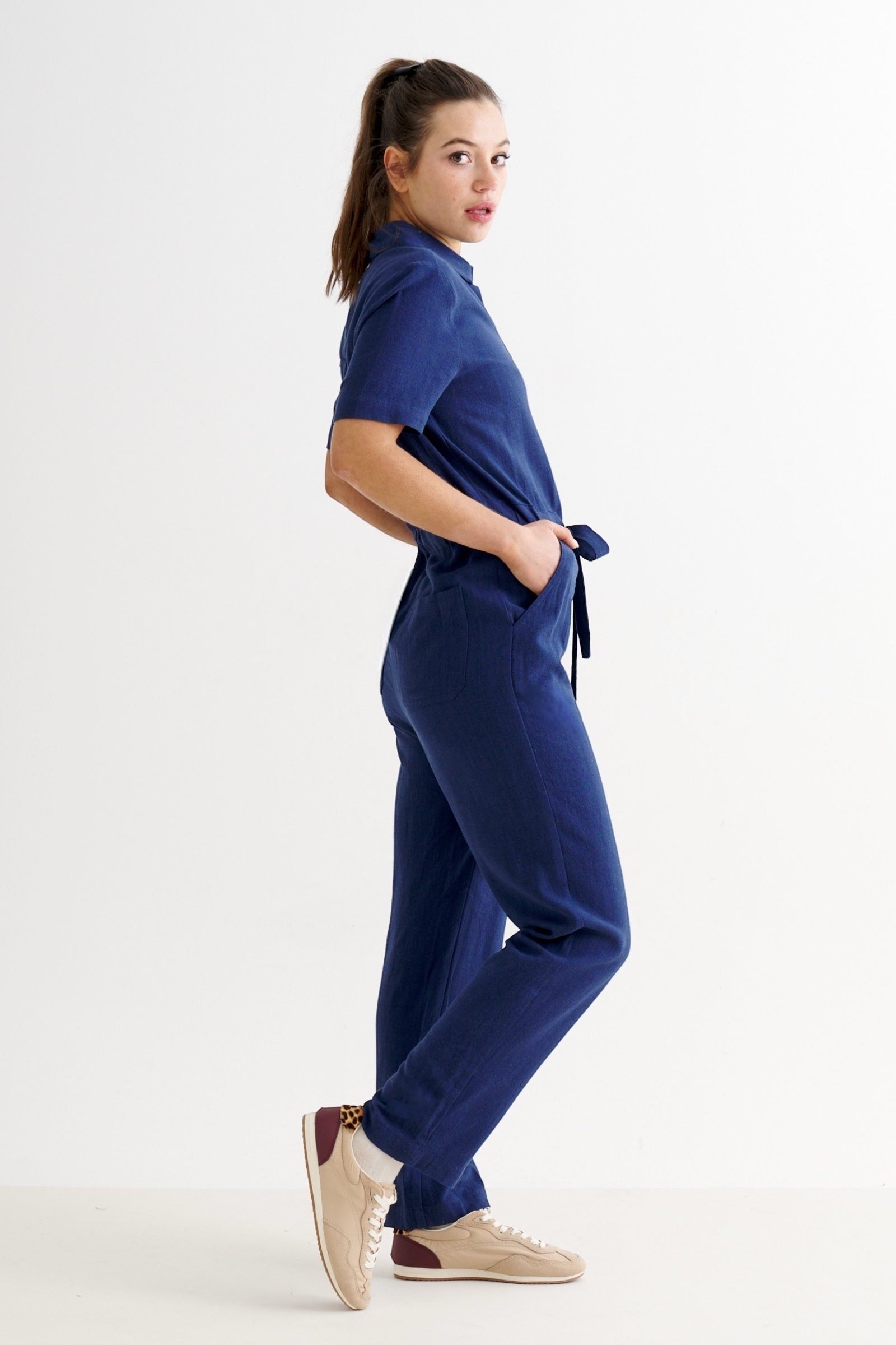 Justin Linen Mix Short Sleeve Jumpsuit - Navy - Detail 1