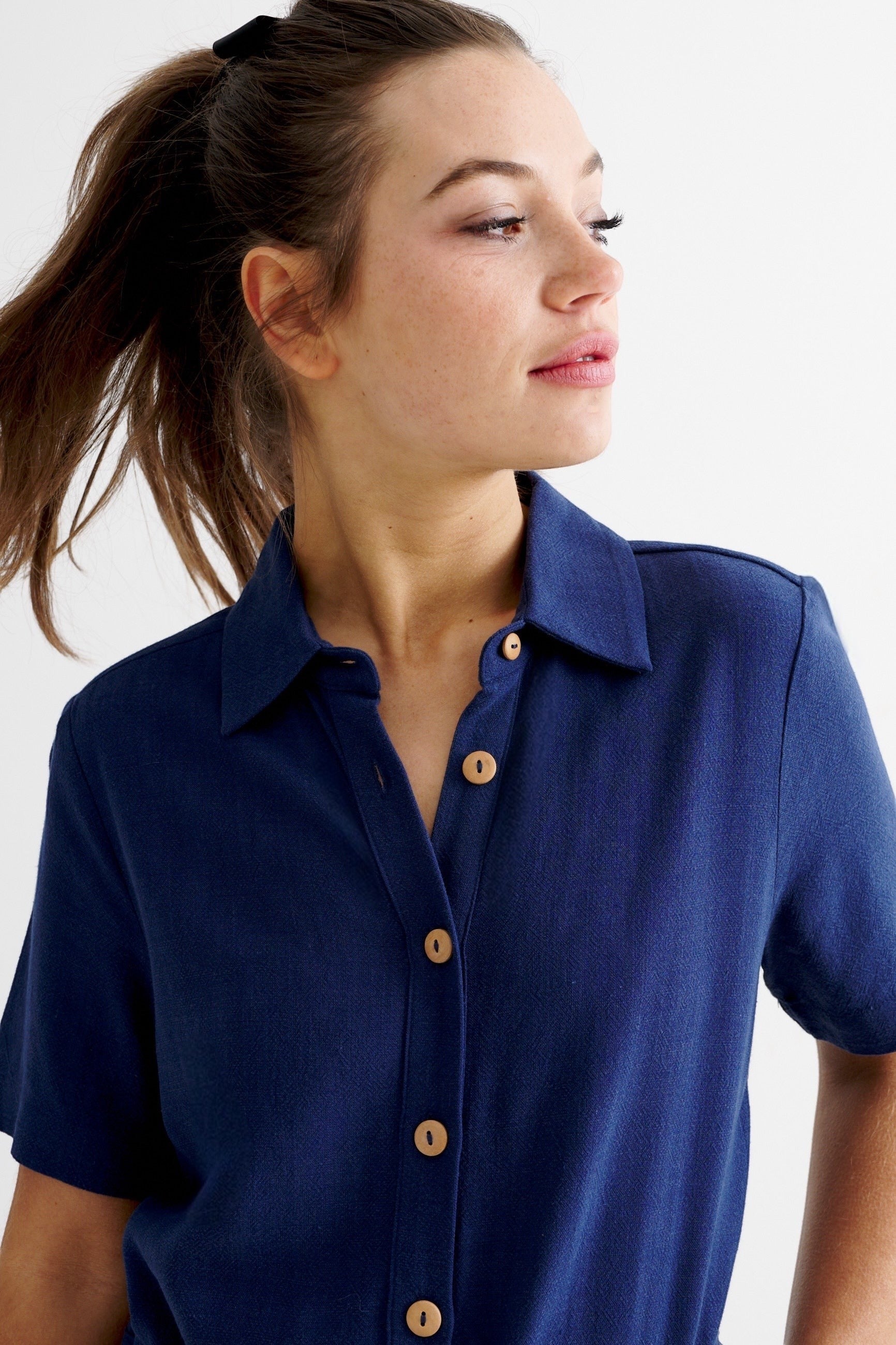 Justin Linen Mix Short Sleeve Jumpsuit - Navy - Detail 2