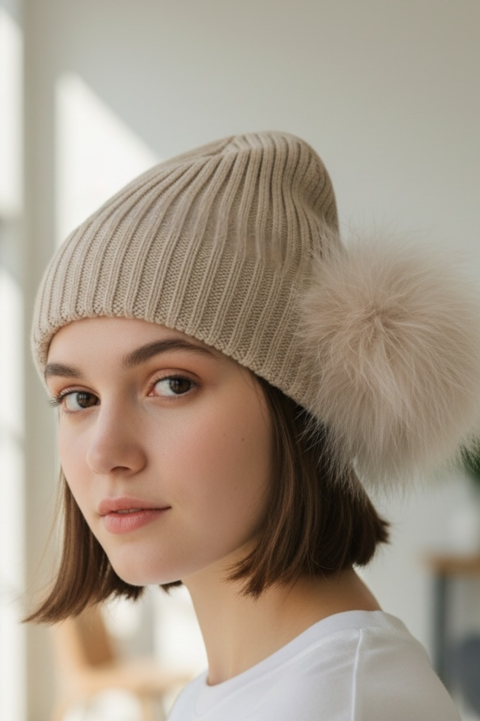 Betty Cream Feather Pom Pom Beanie