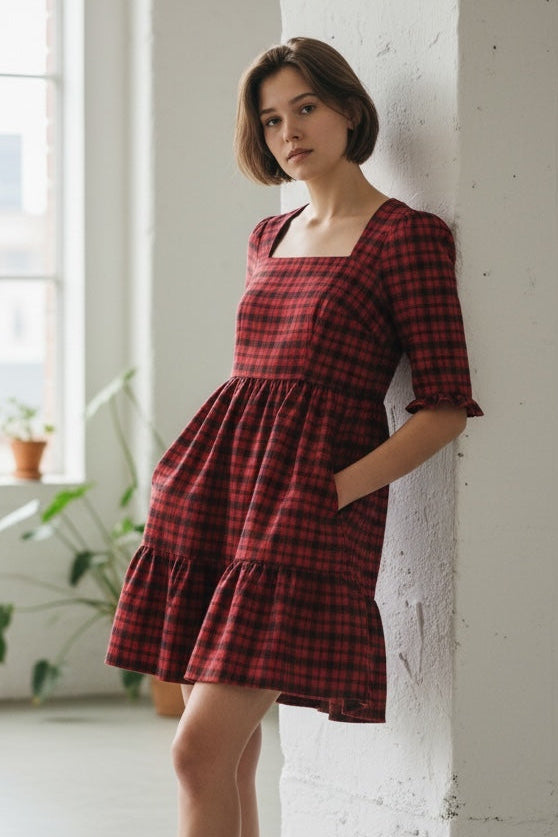 Sassa Winter Gingham Tiered Mini Dress in Red and Black - Front