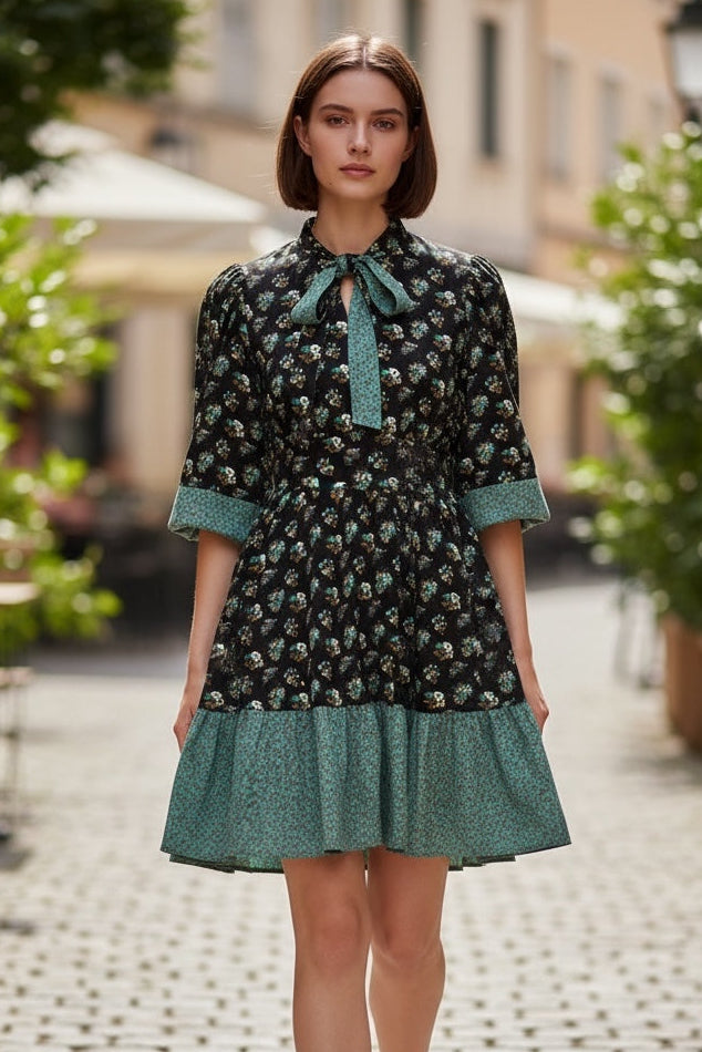 Louche Stina Posy Patchwork Print Tiered Tie Neck Mini Dress - Front