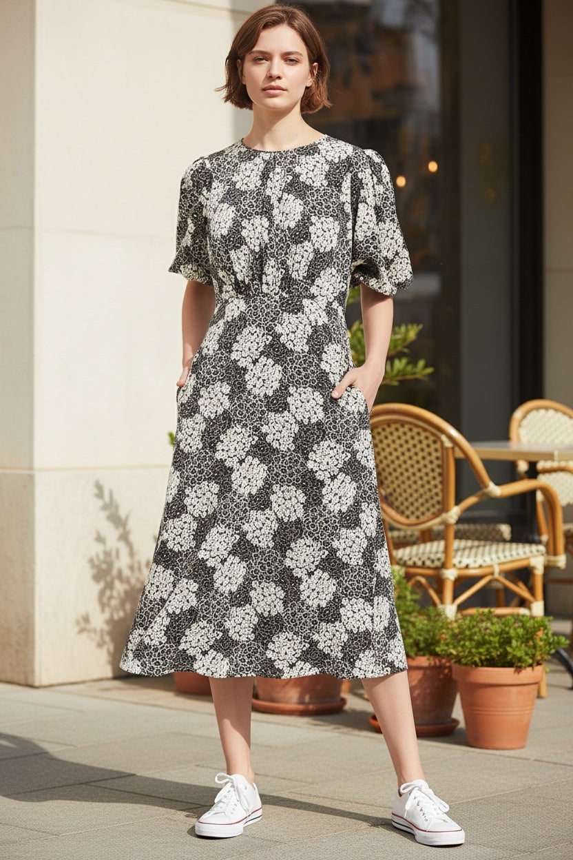 Leonore Flower Patch Balloon Sleeve Midi Dress in Black & White - Front
