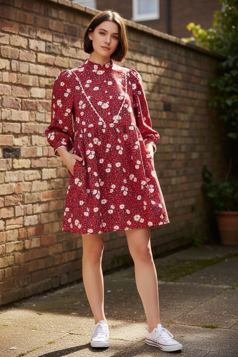 Louche Suzanne Roaring Daisy Print Long Sleeve Mini Dress - Red - Front