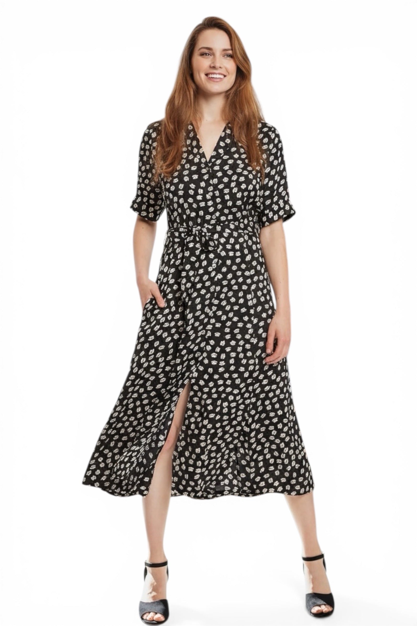 Louche Peta Call Me Print Short Sleeve Midi Shirt Dress - Front