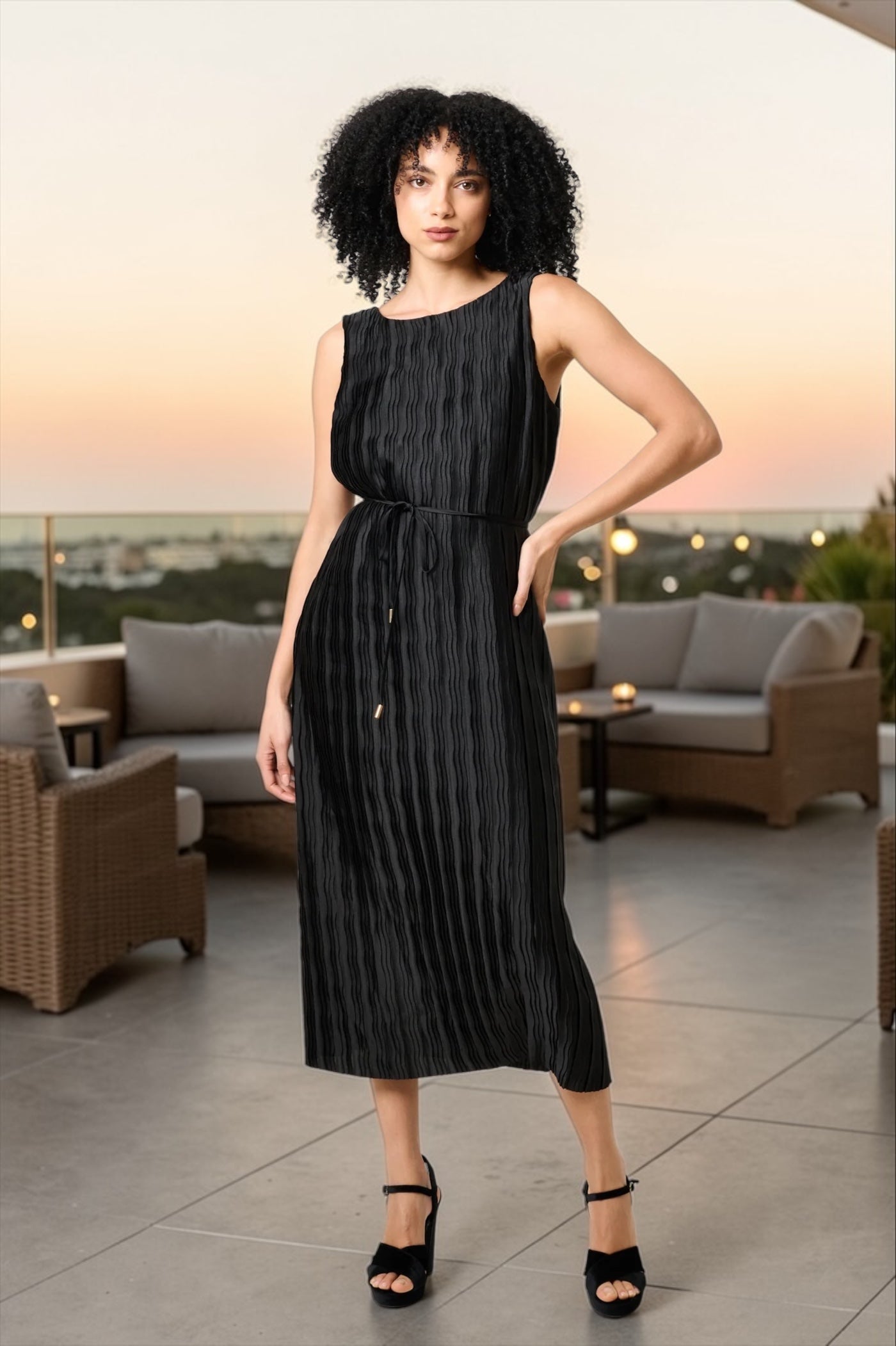 Lumina Pleat Surprise Sleeveless Midi Dress - Black