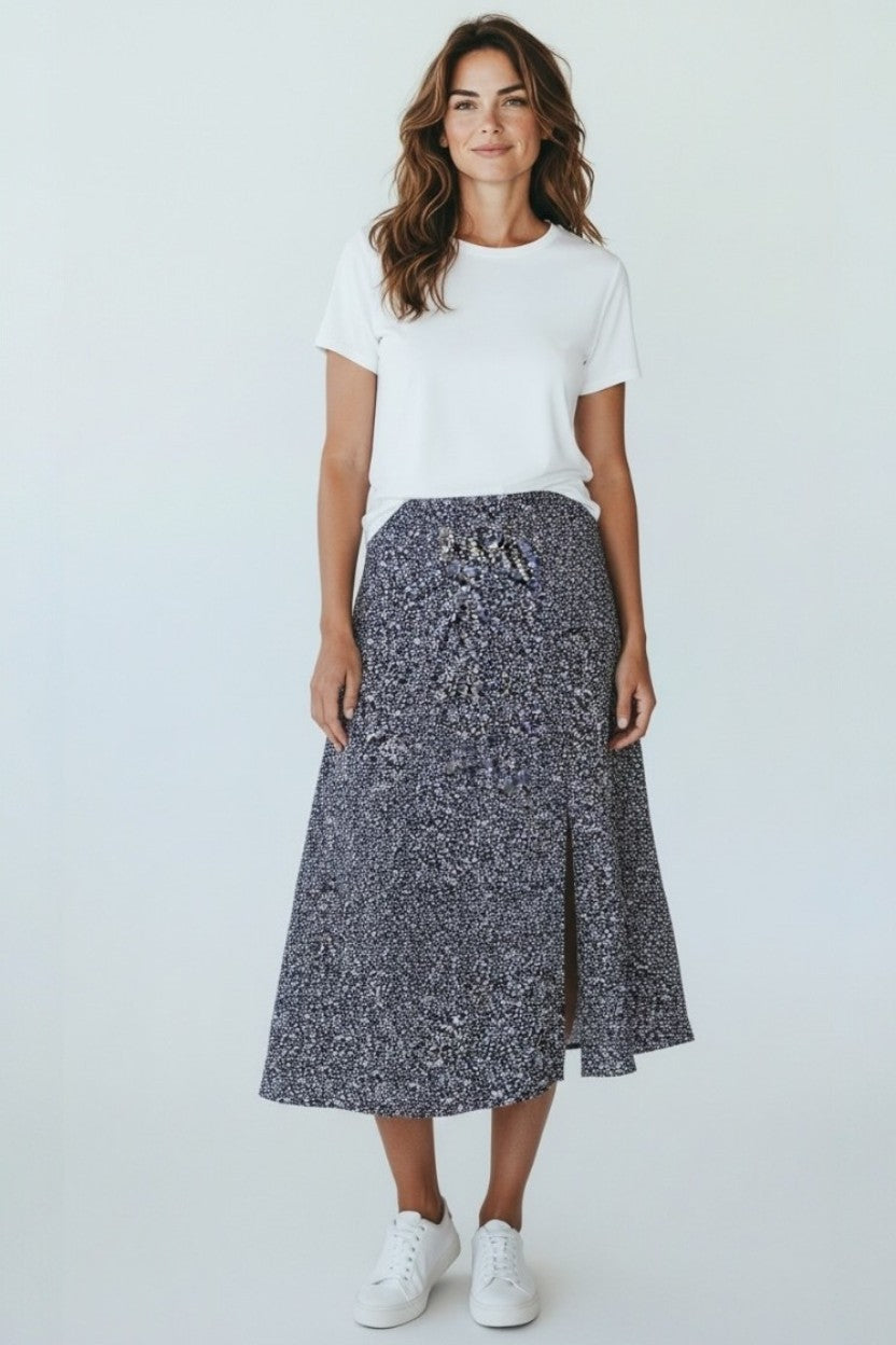 Kiyo Ditsy 10 Navy Printed Midi Skirt