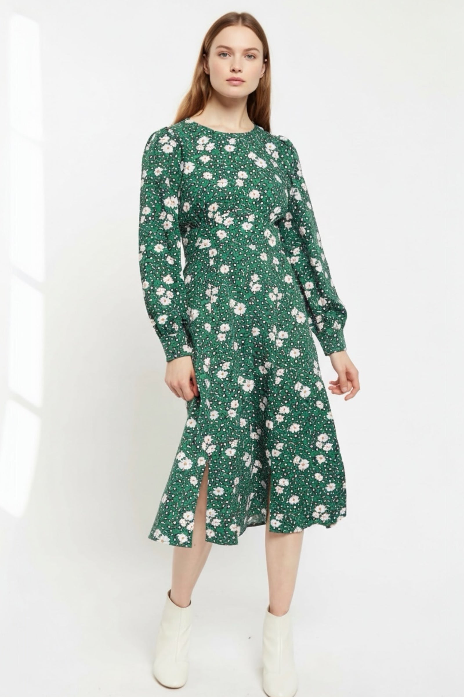 Liv Roaring Daisy Print Long Sleeve Midi Dress - Green