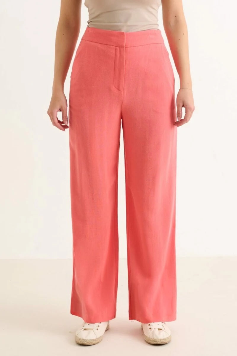 Tilde Linen Mix Straight Leg Trouser- Coral