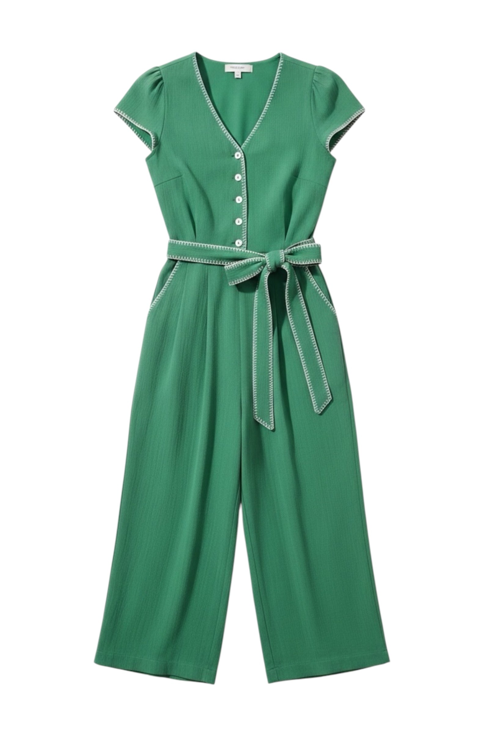 Green jumpsuit with a belt on a white background