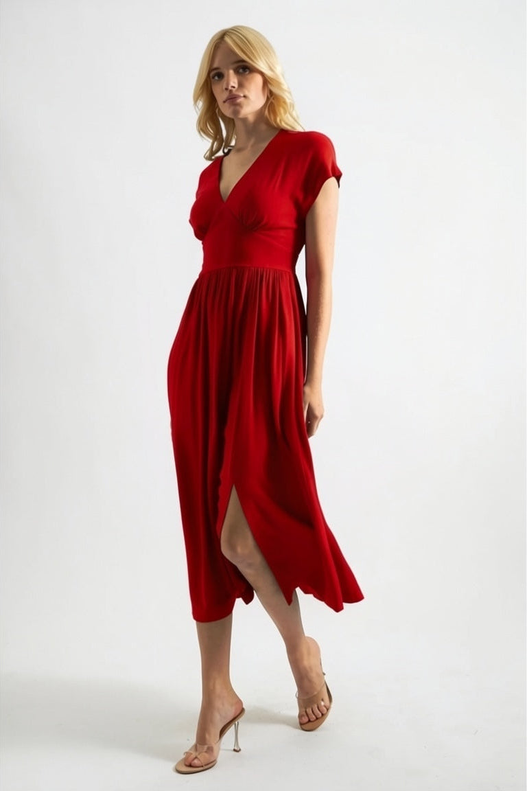Unity Linen Mix V-Neck Midi Dress - Red