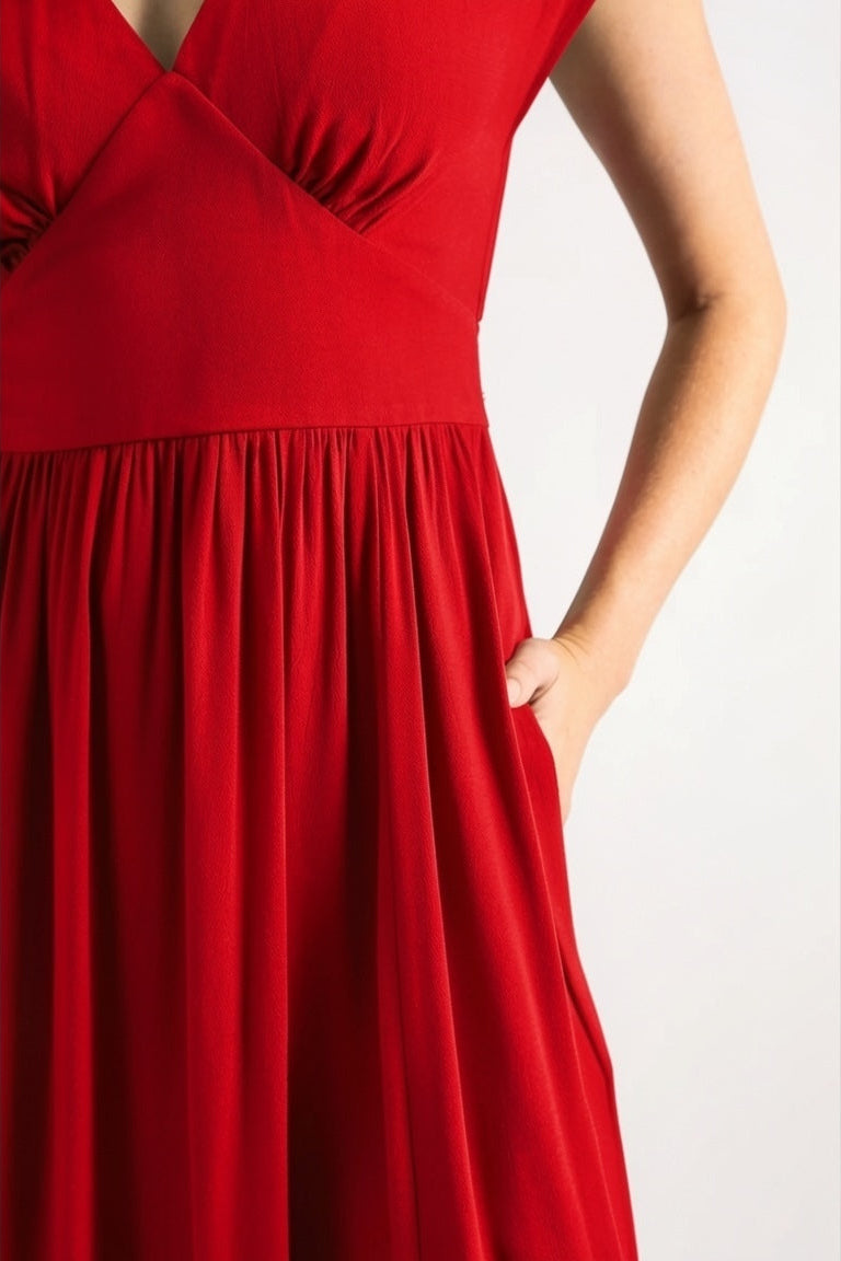 Unity Linen Mix V-Neck Midi Dress - Red