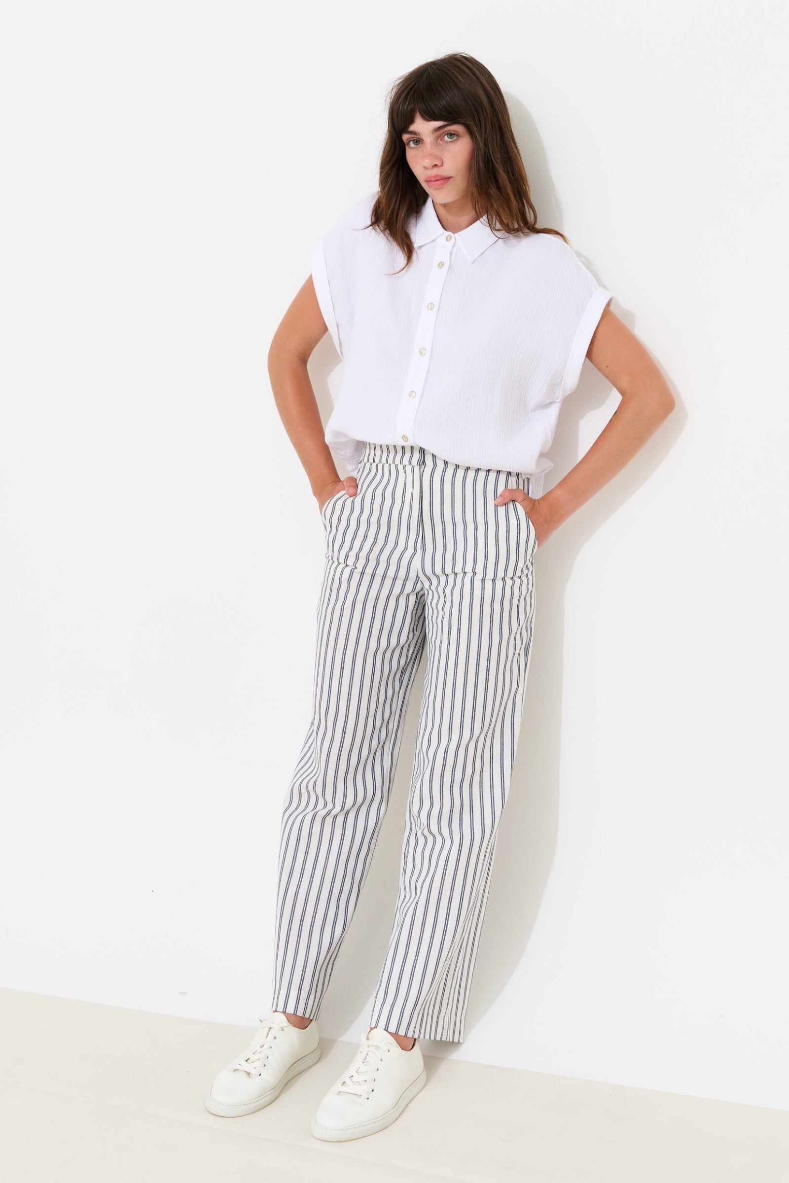 Tilde Ticking Stripe Straight Cut Trouser - White & Navy