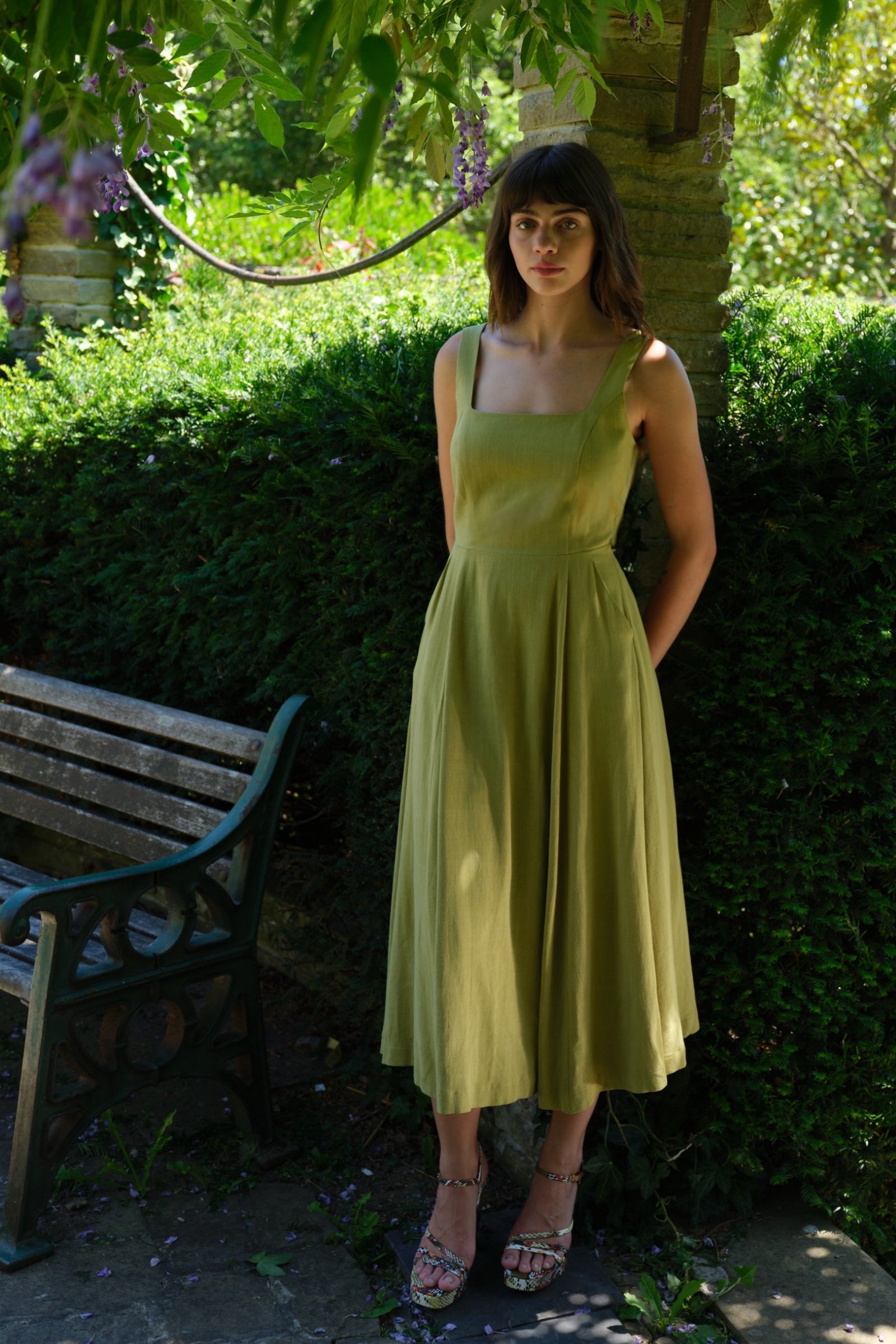 Baya Linen Mix Square Neck Midi Dress - Avocado Green