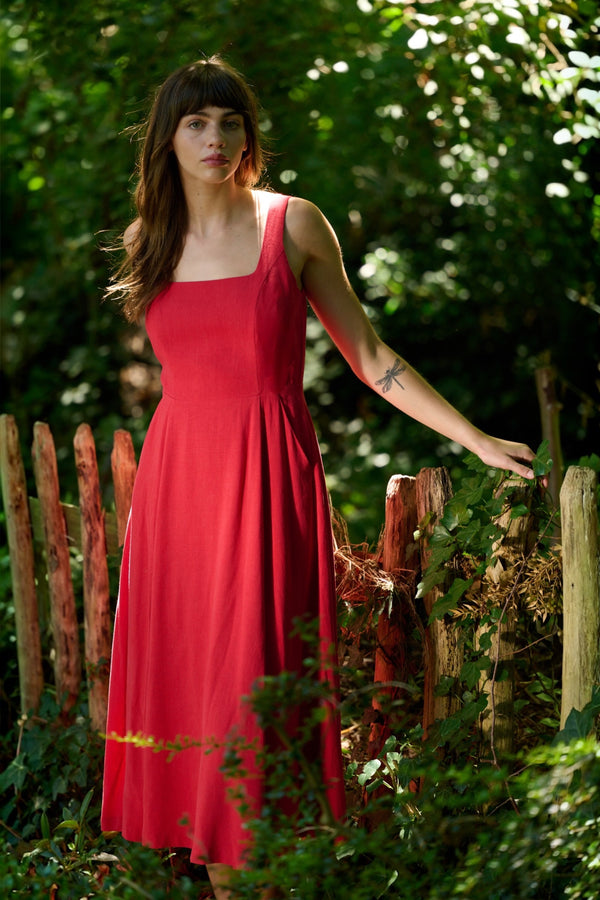 Baya Linen Mix Square Neck Midi Dress - Red