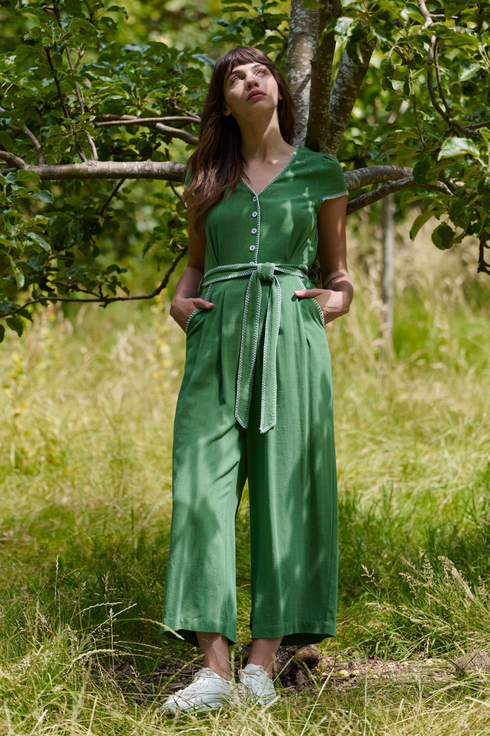 Marleen Blanket Stitch Linen Mix Jumpsuit - Green