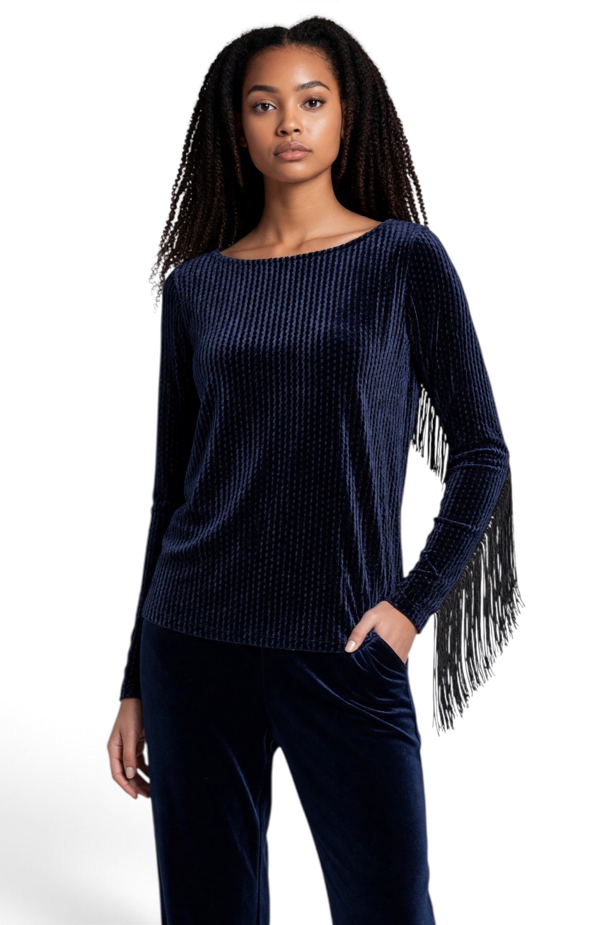 Fred Fringe Velvet Tunic in Navy