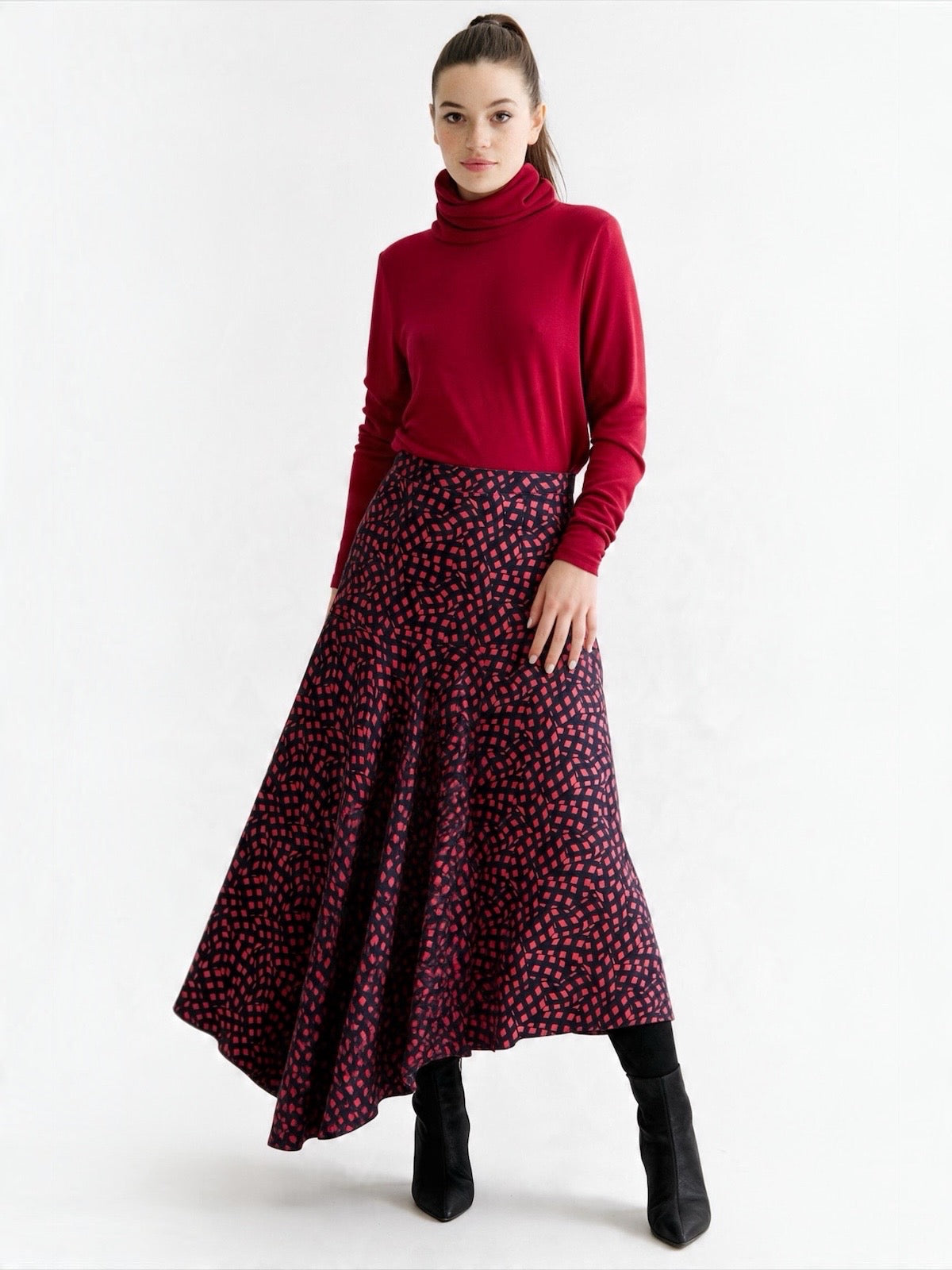 Carolina Gingham Twist Print Asymmetric Midi Skirt