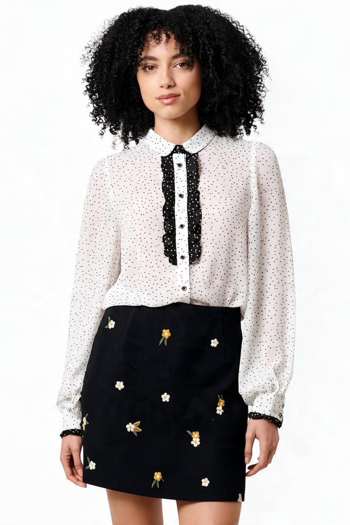 Gisla Raindrop Contrast Frill Long Sleeve Blouse - White