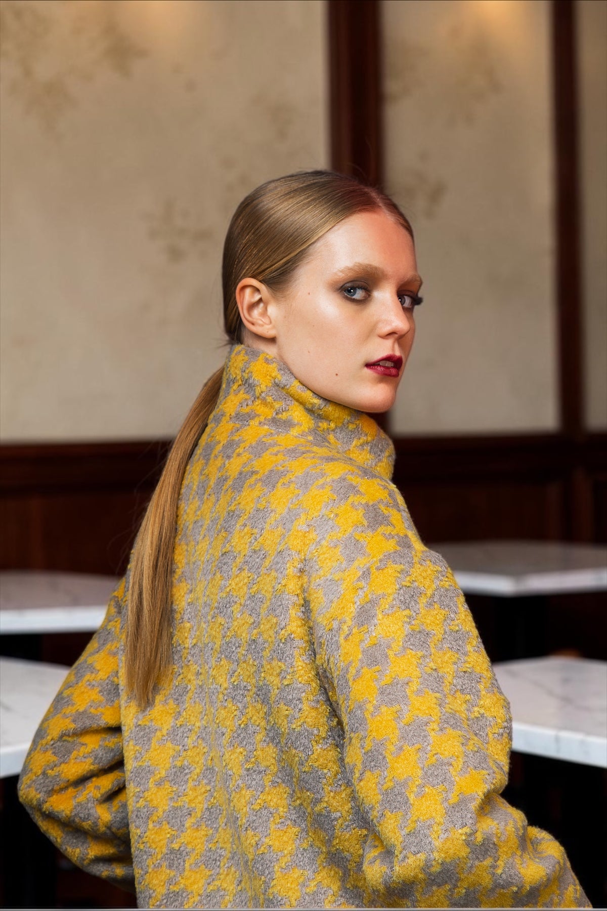 Donalda Houndstooth Cocoon Coat - Mustard