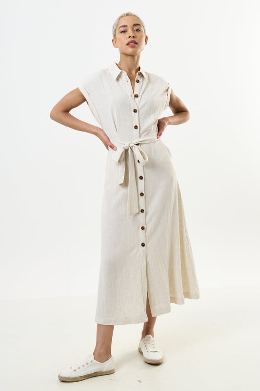 Reese Linen Mix Button Through Midi Shirt Dress - Natural