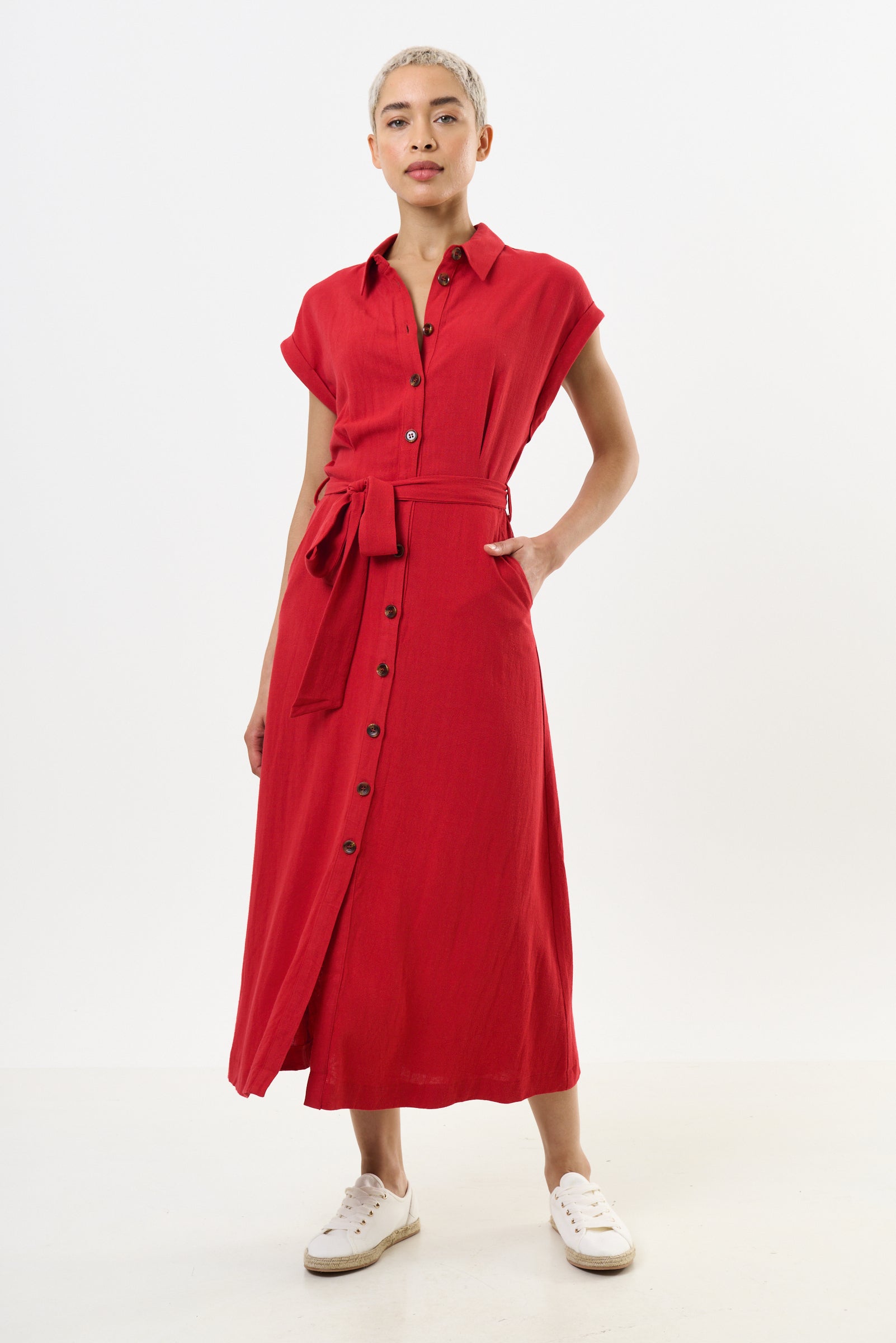 Reese Linen Mix Button Through Midi Shirt Dress - Red