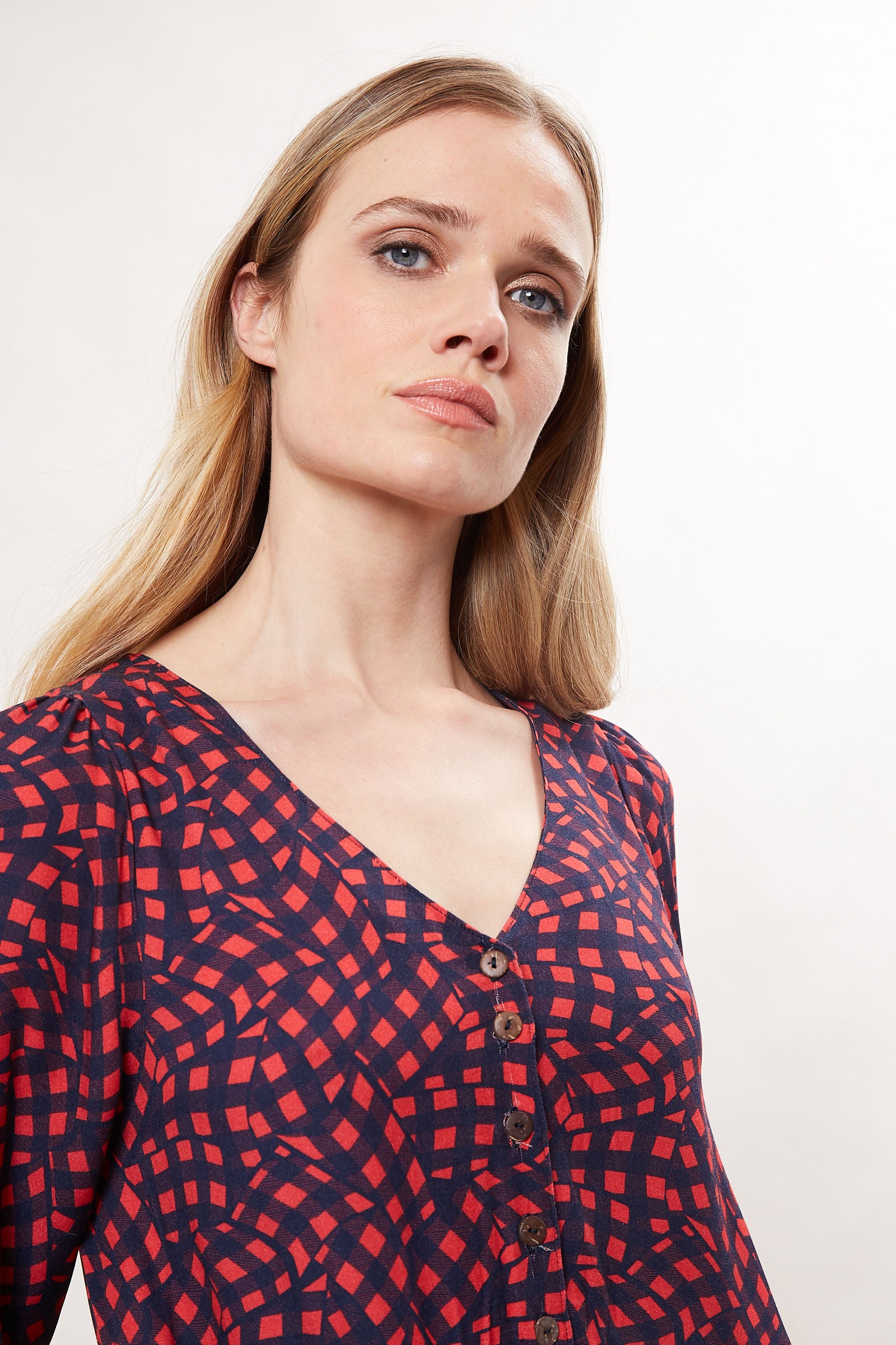 Rheane Gingham Twist Print Long Sleeve V Neck Midi Dress - Detail 1