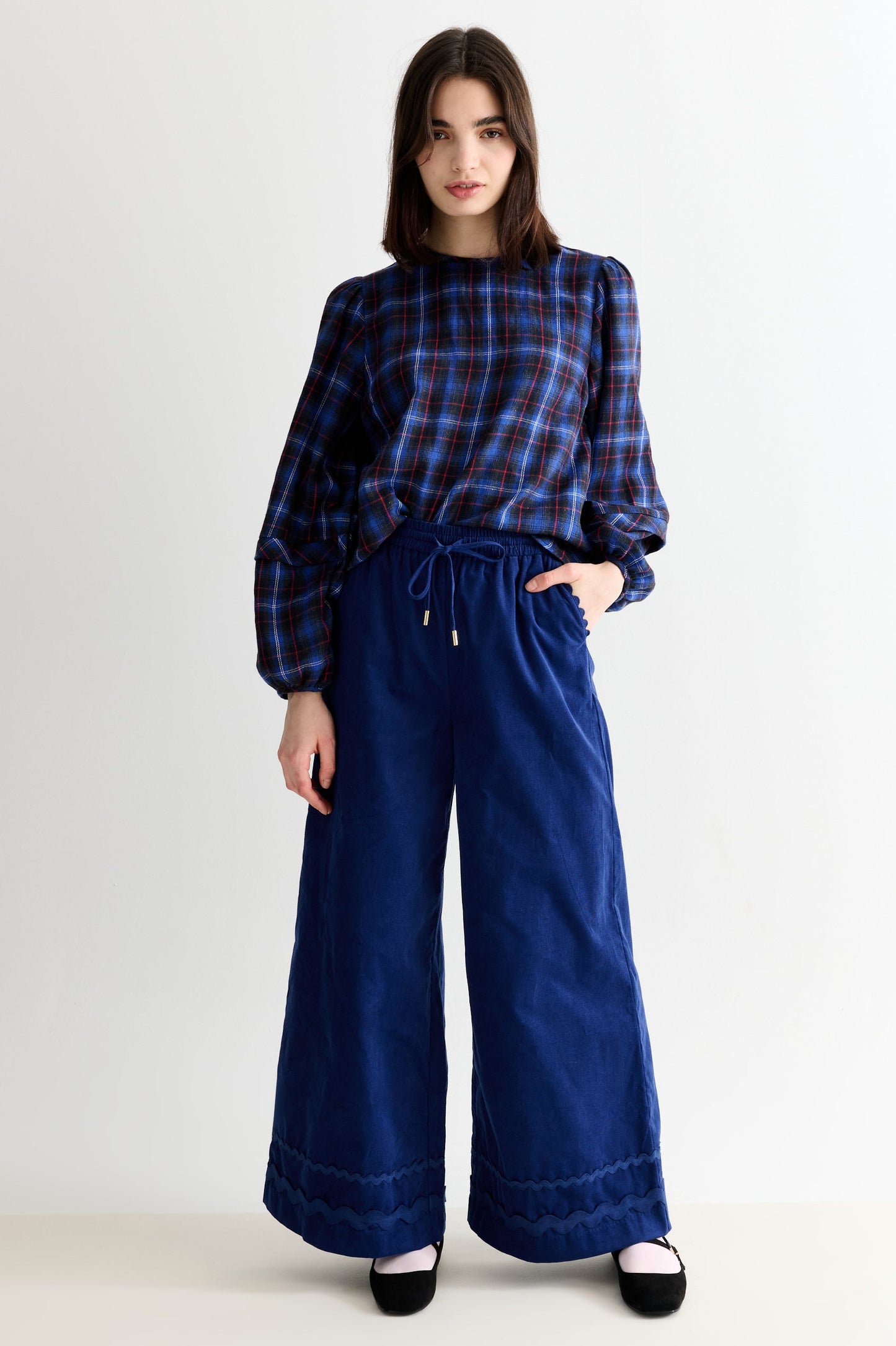 River Babycord Ric Rac Trim Wide Leg Trouser - Navy