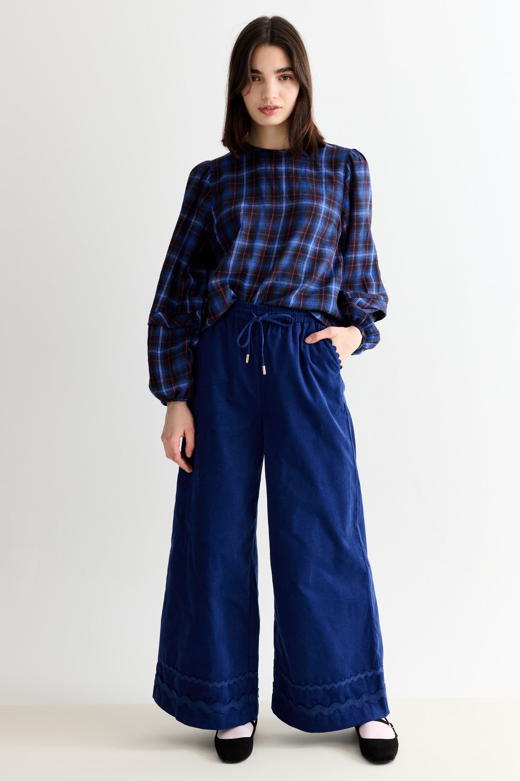 River Babycord Ric Rac Trim Wide Leg Trouser - Navy - Detail 1