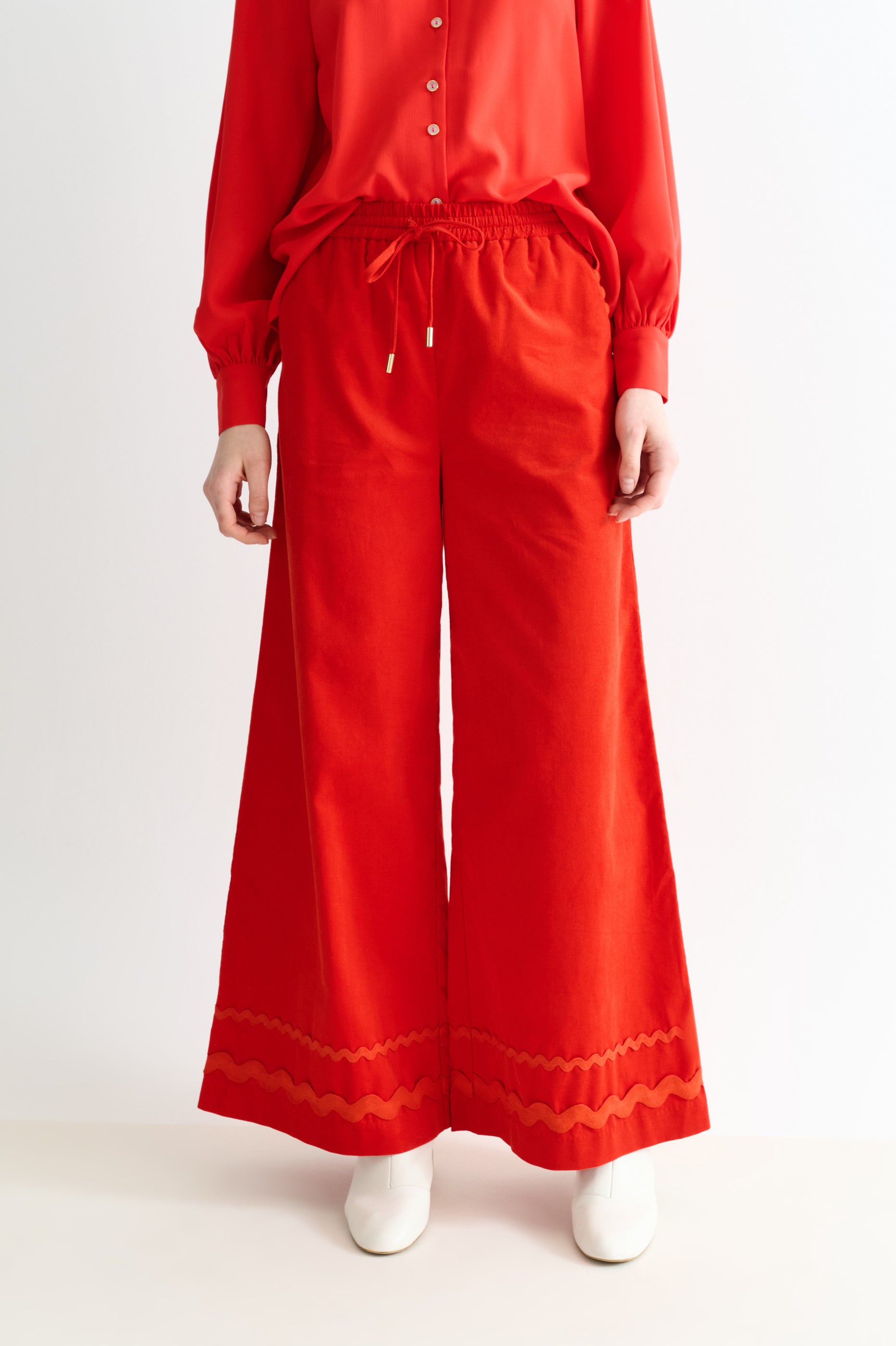 River Babycord Ric Rac Trim Wide Leg Trouser - Red
