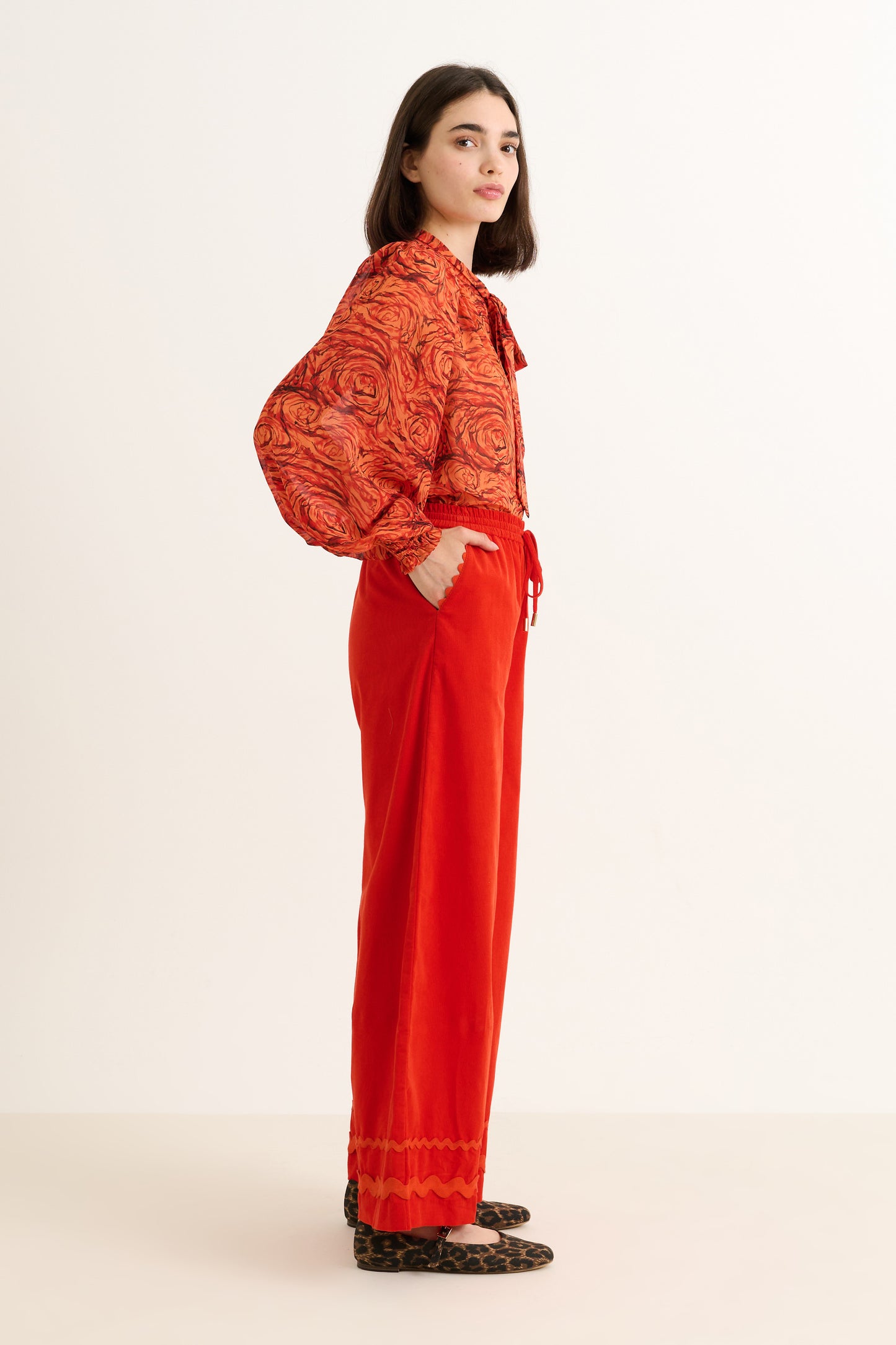 River Babycord Ric Rac Trim Wide Leg Trouser - Red