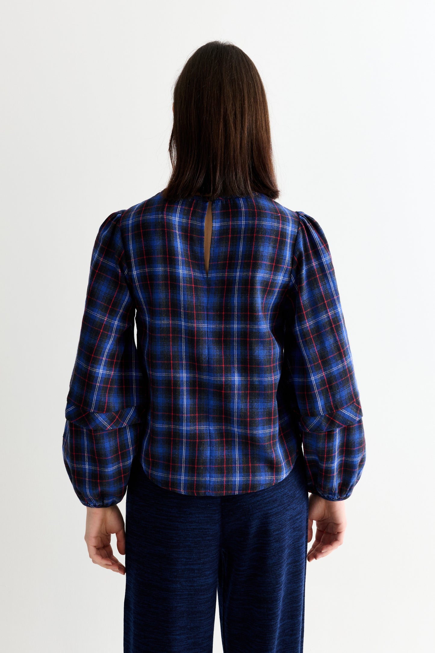 Rivka Winter Check Pleat Long Sleeve Blouse - Blue