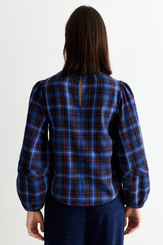 Rivka Winter Check Pleat Long Sleeve Blouse - Blue