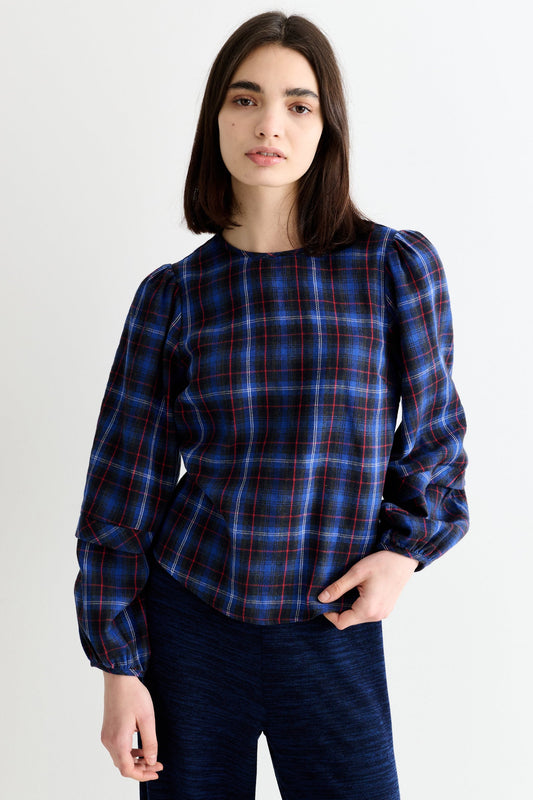 Rivka Winter Check Pleat Long Sleeve Blouse - Blue